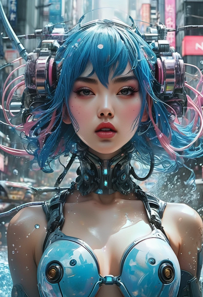 In the room, underwear, blush, focus on face, bangs, hair circle, blue hair Futuristic cities、TOKYOcty、empty mechanical car、natta、Numerous cyborgs fighting surrounded by creepy cyborg DNAt."."agnes cecile, Written by Andre Masson, Francis Bacon, 4K, intrincate details, Attention to detail, awardwinning, 8K, crisp quality, hyper realisitic, Exquisite craftsmanship, nffsw, masutepiece, Lusciousness, Mesmeric, Dreamy, Eye-catching, Irresistible, Fascinating, Glorious, divine, Pretty, excellent, Gorgeous, Very cute, Adorable, classy, Stunning, water color, painting, artwork, beautiful girl