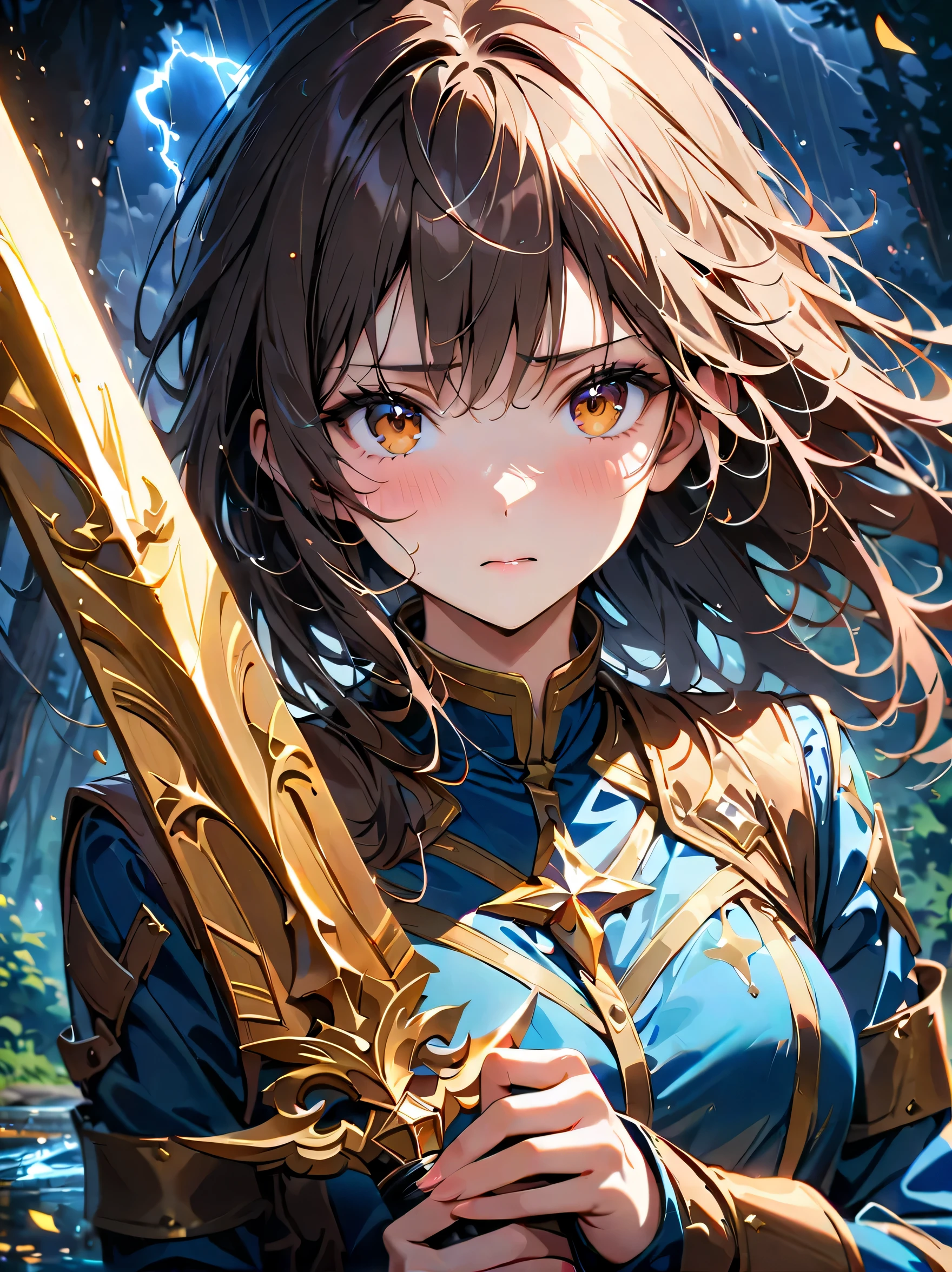 Fantasy, forest landscape photo, Swedish beauty, skin moist and shiny, (18-year-old female swordsman in a glittering battle uniform, with glittering golden decorations and a long sword that shines), (path, night, thunderstorm, terrible) cloudy, rainwater: 1.2), (details: 1.2), light, sad, brown eyes, symmetrical features, delicate hands, exquisite fingers, glittering battle uniforms, (masterpiece: 1.2), (magnificent Composition: 1.4), (Talent: 1.2), Super detailed, Very detailed, Crazy details, (Real photo: 1.2), High resolution, 8k, Exquisite, Sharp, Grace, Dreamy bright colors, high quality,