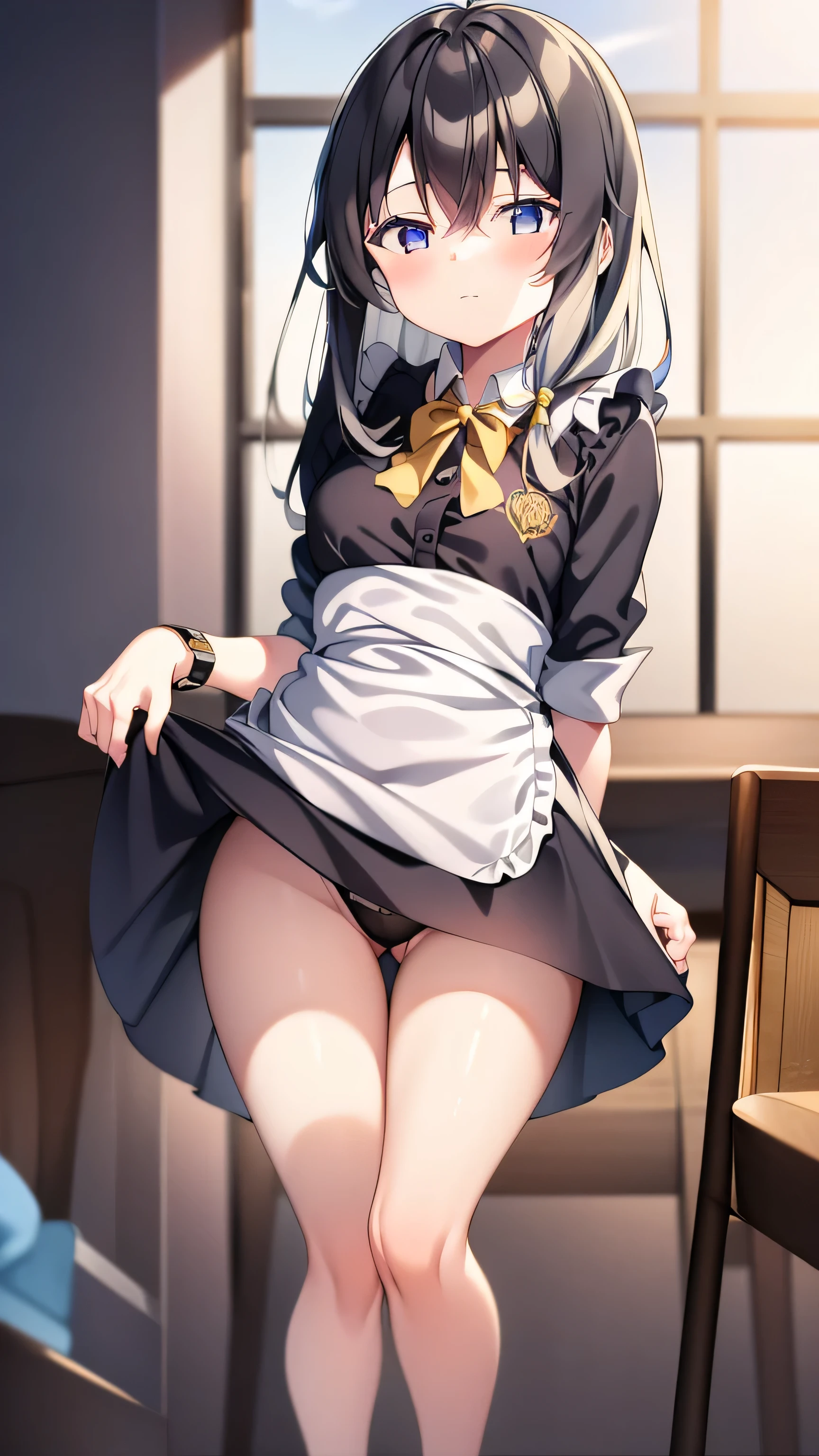 1 girl, , Solitary, lift your legs, Long hair, skirt, Pink_hair, maid_have, watch_take a step back, watch_Shown in_Look at the audience, By Bangs, Black_lift your legs, Blushed, Black_skirt, he himself, short_sleeve, clothing_lift, wrist_cuff, decorate, skirt_lift, Big deal_, lifted_Pasado_Self-expression, Translucent liquid from_Shown in the back, maid, Fluffy_short_sleeve, Side lock, Fluffy_sleeve, crops_top, blunt_By Bangs, , awago outh, Big deal腿, Black_have eyes, chair, Kneel down, Frilly_skirt, _go out, Shown in indoors, window, Not wearing,Not wearing underwear,