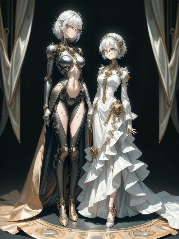 5 8K UHD, 
Two beautiful robot women with exposed internal skeletons in silver metallic bespectacled bodies kneeling,
 Gold and silver metal robot with transparent clear glass exoskeleton,
 wear clear princess dress,
The face is a beautiful human face
