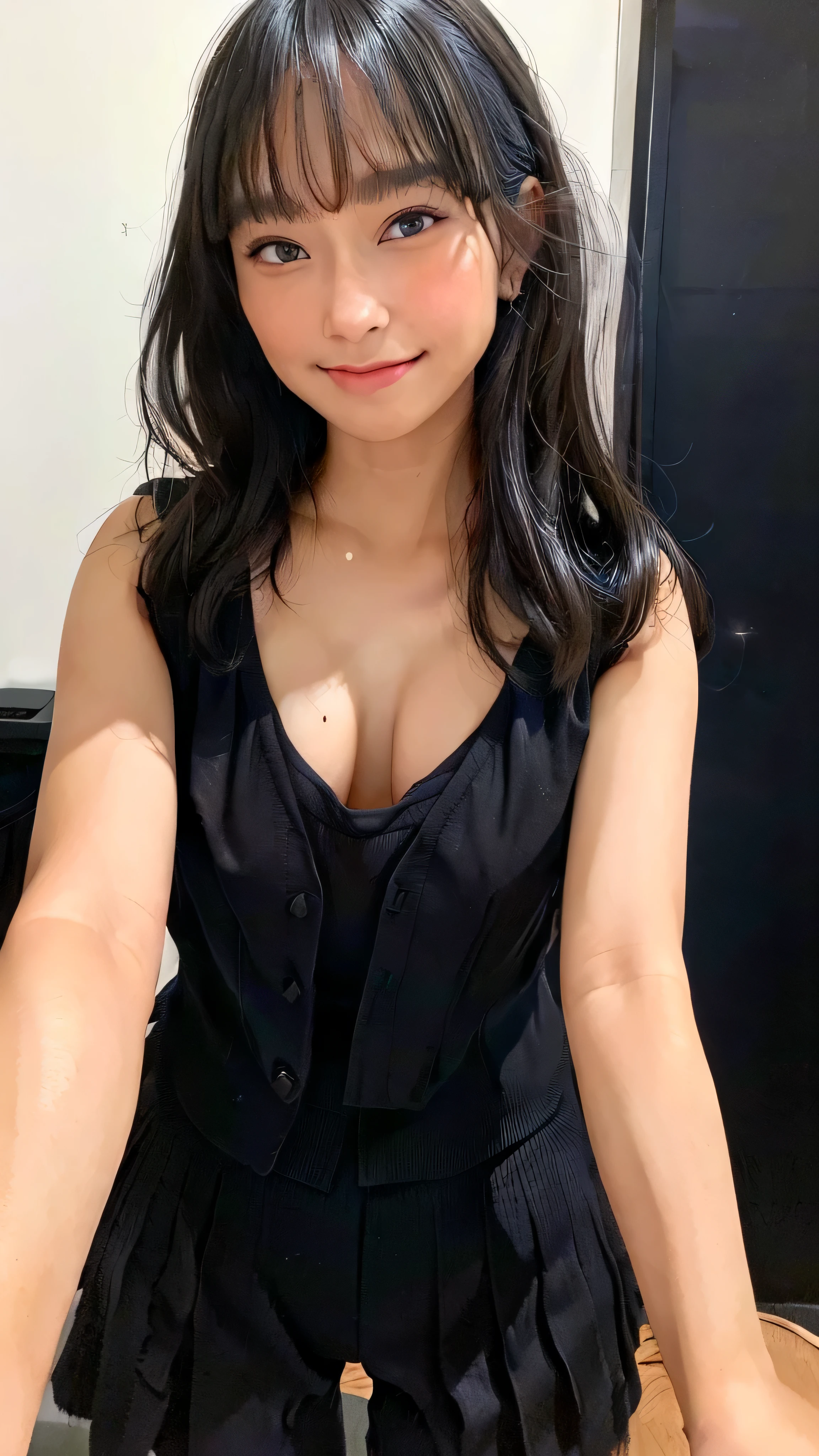 black shirt, cowboy shot, masterpiece, beautiful, (1girl, freya jkt48, lips, black eyes, closed mouth, smile, photorealistic:1.3), looking at viewer, nude, huge breast, proportional size breast, bathroom, ((Best quality, 8k,low pov, tight office suit, Masterpiece :1.3))