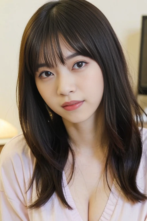 masterpiece,best quality,(Japanese ),((Beautiful girl)),cleavage,indoor,(perfect body beauty:1.2),(shy smile),beautiful teeth,