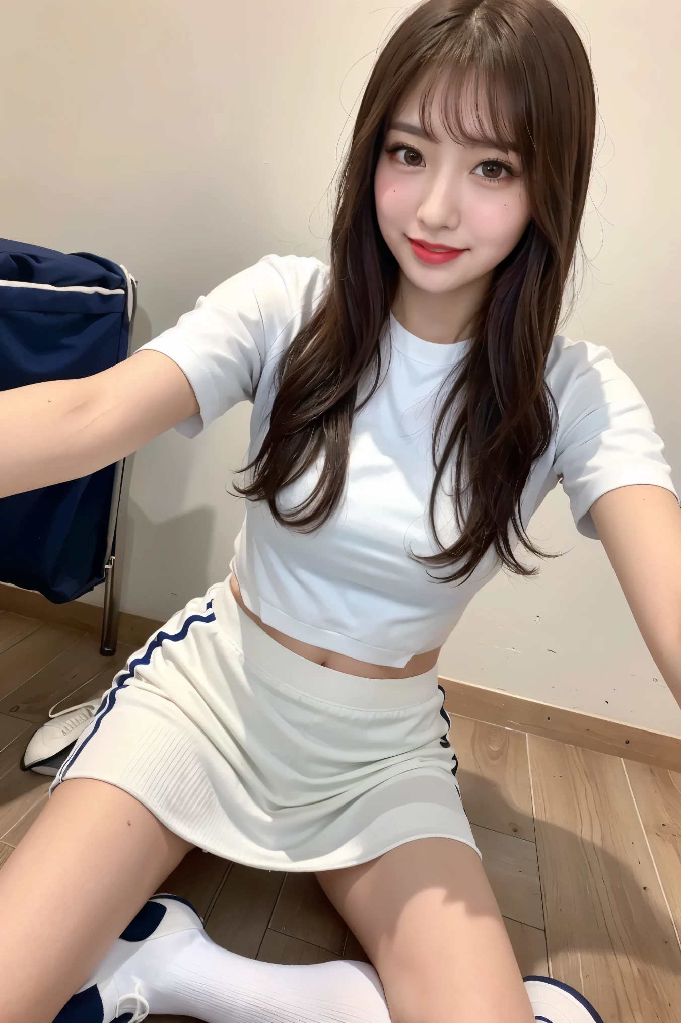 (8k), (highest quality: 1.2), (Realistic), (Realistic: 1.37), Ultra-high resolution, 1 girl, cute, smile, (Red cheeks with embarrassment:1.2),Mouth closed, Beautiful details, Beautiful Nose, whole body, Wet Hair, Giant Dulcefo, pork, , Thighs，Selfie,,(White shirt:1),(Navy Pleated Skirt),(Oversized and very loose,White sports socks:1.2),