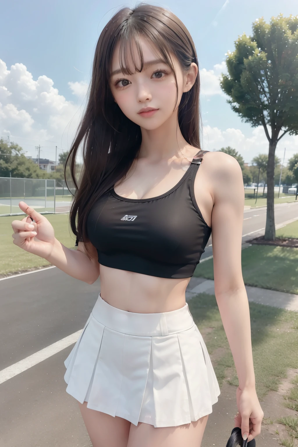 Girl and girl, ((tennis wear)), sports bra, light smile, outdoors, ((skirt flipping in the wind:1.3)), panties, thighs, tanned skin,