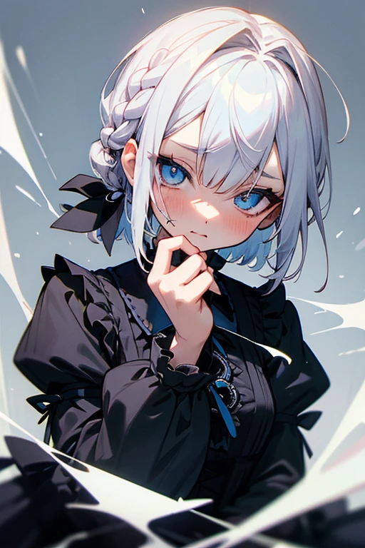 Short white hair, blush, Gothic Lolita、Punk Fashion、Headbang 2.、Blue and black clothes、Clean your eyes、Braid、