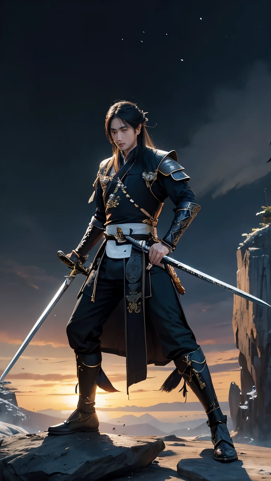 A man dressed in black、Man with a sword, ((((Holding a long sword)))),heise jinyao, zhao yun, xianxia hero, Full body martial arts, bian lian, guan yu, inspired by Guan Daosheng, Inspired by Huang Shen, Inspired by Zhao Yuan, Inspired by Hong Ren, hua cheng, With a big sword, photo of adult male warrior