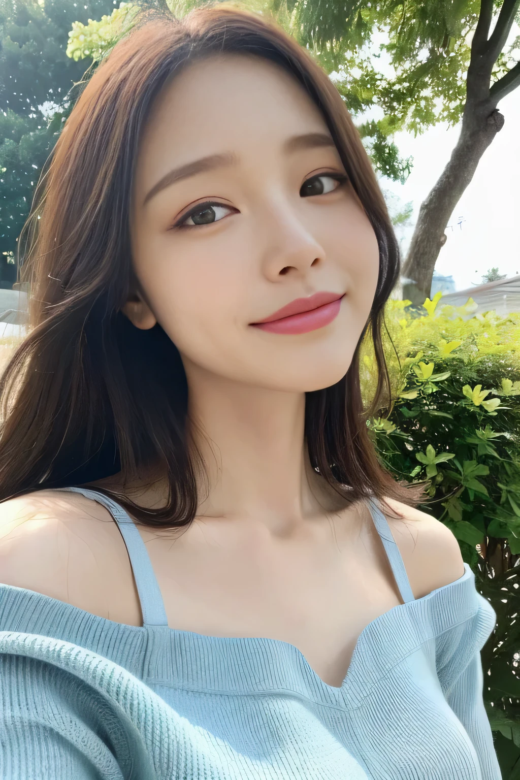 ((highest quality, 8K, masterpiece:1.3)), concentrated:1.2, Perfect body beauty:1.4, Hips:1.2, ((Delicate Hair)), (Brightly colored V-neck drop-shoulder sweater dress、 :1.1) , ((highest quality、8K、masterpiece:1.3))、1 Girl、A sloppy smile、Esbian all over、Slim face、Big 、Beautiful woman、(Dark Brown Hair)、Flickering Valley、Detailed eyes、double eyelid、Blurred Background、超Slim face、Looking down、garden、