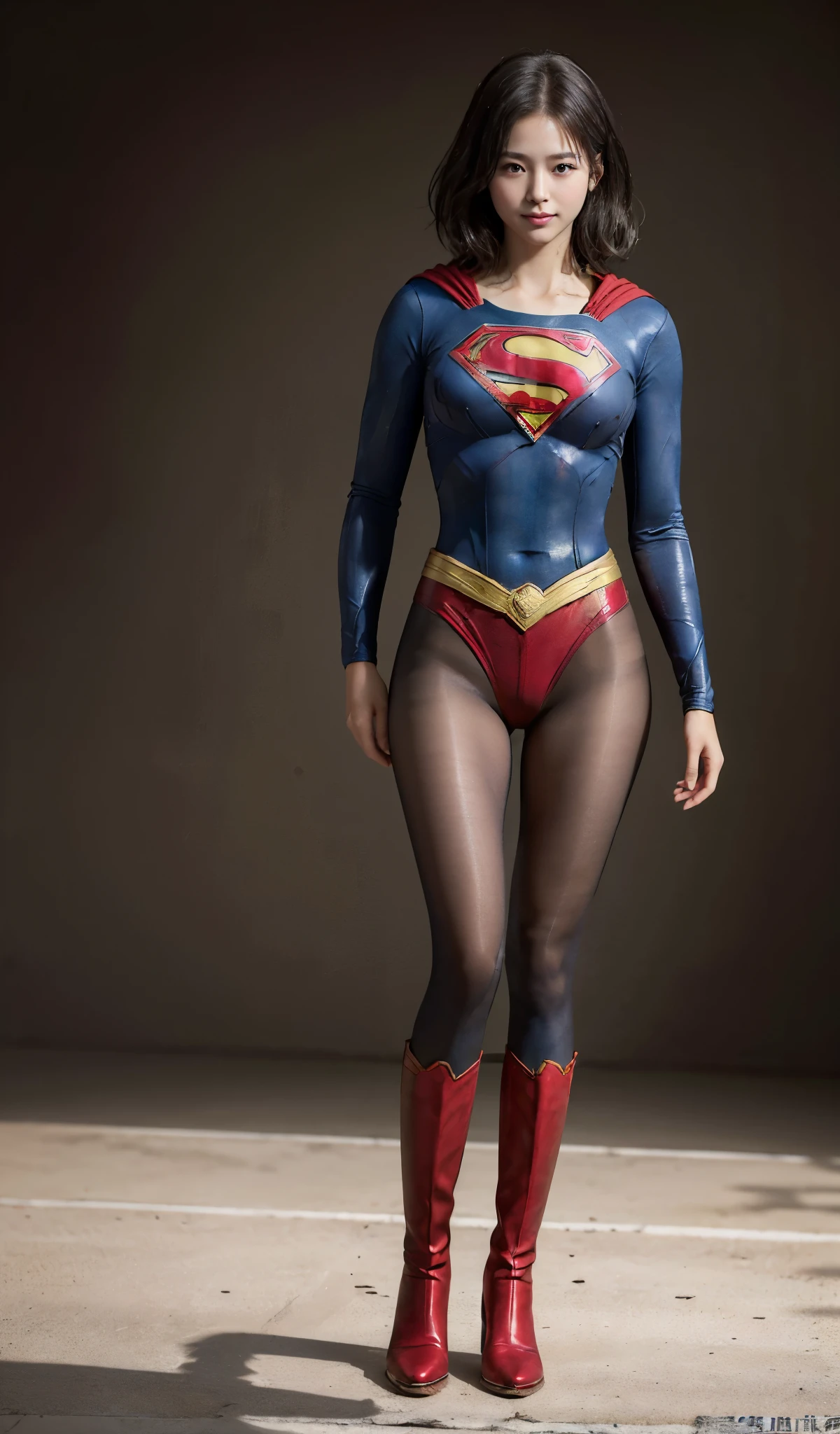 No background、(((Beautiful legs in black tights.)))、(((Legally express the beauty of your smile)))、((((Make the most of your original images)))、(((Supergirl Costume)))、(((beautiful short bob hair)))、(((suffering)))、(((Please wear black tights....、Wear red boots)))、((Best image quality、8K))、((highest quality、8K、masterpiece:1.3))、(((Preserve background )))、Sharp focus:1.2、Beautiful woman with perfect figure:1.4、Thin abdominal muscles:1.2、Wet body:1.5、Highly detailed face and skin texture、8K