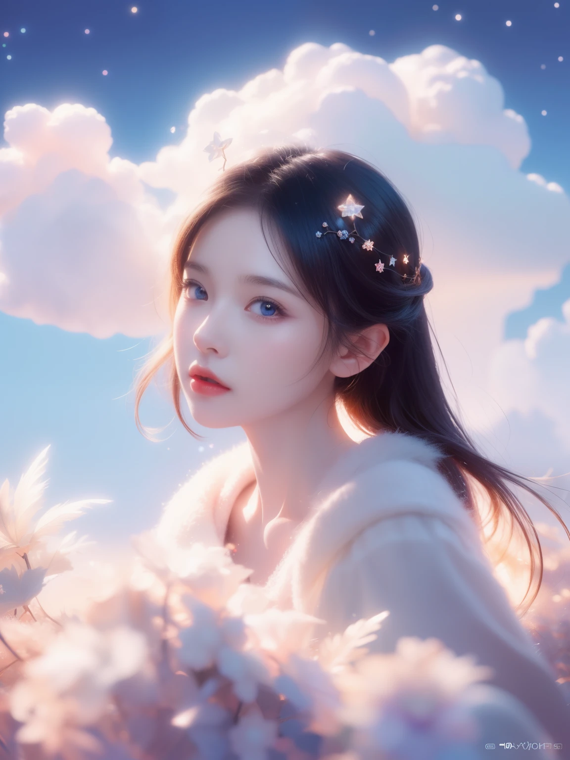 (best quality,4K,8k,high resolution,masterpiece:1.2), The girl in the clouds has hair as fluffy as clouds, tiny stars, fantasy illustrations, Dreamy colors, Children's illustration style.Vibrant colors