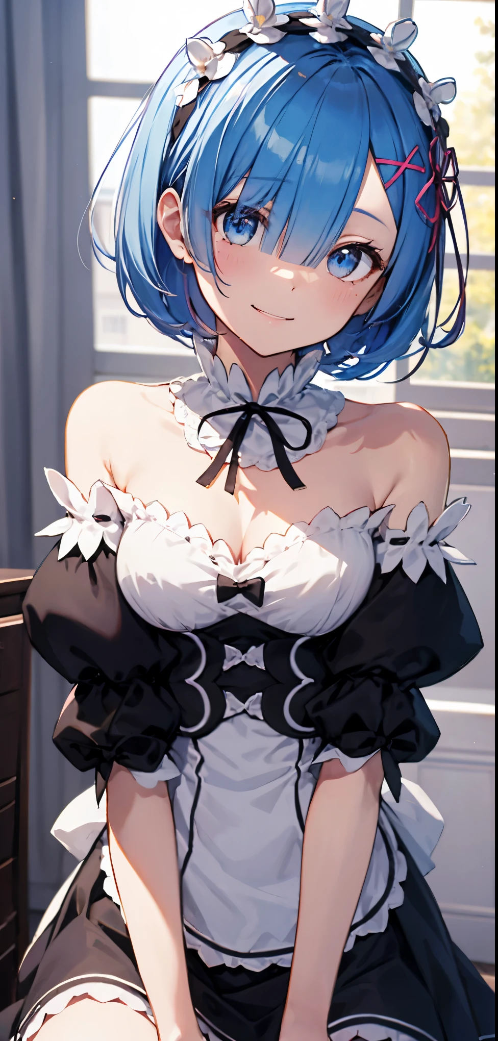  High resolution, Very detailed, Slender body、Bright room、Bright colors、Detailed colors、Light blue very short bob hair、Maid clotheedium breast、One eye is hidden by hair:1.0、Headband、Open your mouth and smile、Rem(re:zero)、Open your arms and offer them to the viewer;1.4、mini skirt、Off the shoulder、