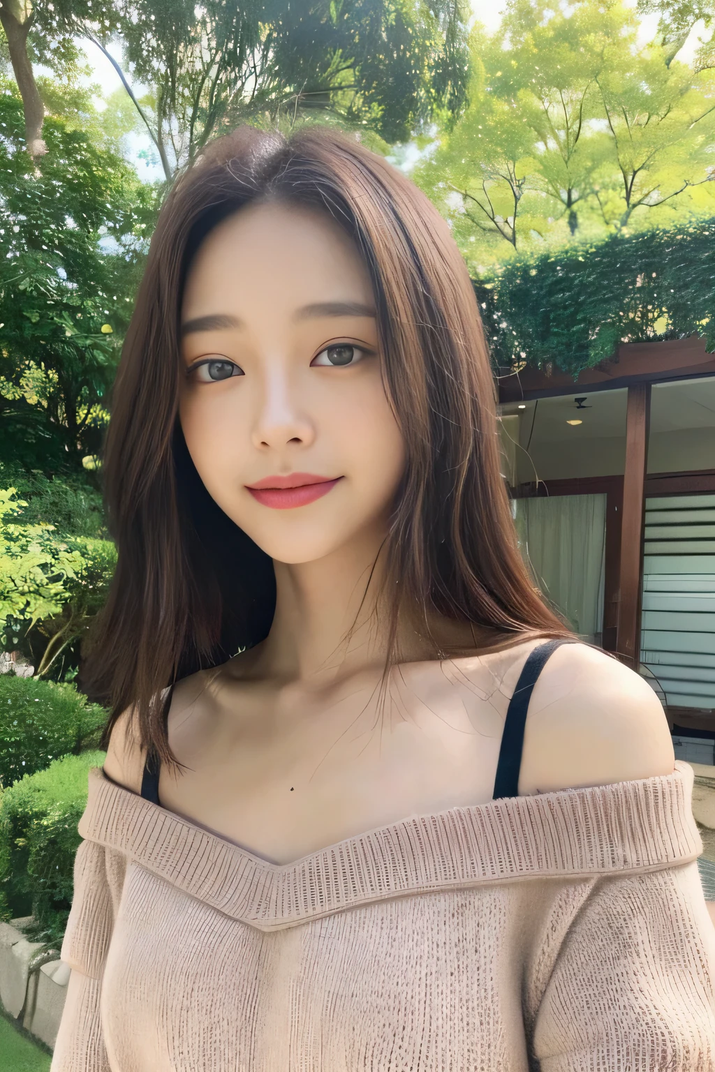 ((highest quality, 8K, masterpiece:1.3)), concentrated:1.2, Perfect body beauty:1.4, Hips:1.2, ((Delicate Hair)), (Brightly colored V-neck drop-shoulder sweater dress、 :1.1) , ((highest quality、8K、masterpiece:1.3))、1 Girl、A sloppy smile、Esbian all over、Slim face、Big 、Beautiful woman、(Dark Brown Hair)、Flickering Valley、Detailed eyes、double eyelid、Blurred Background、超Slim face、Looking down、garden、