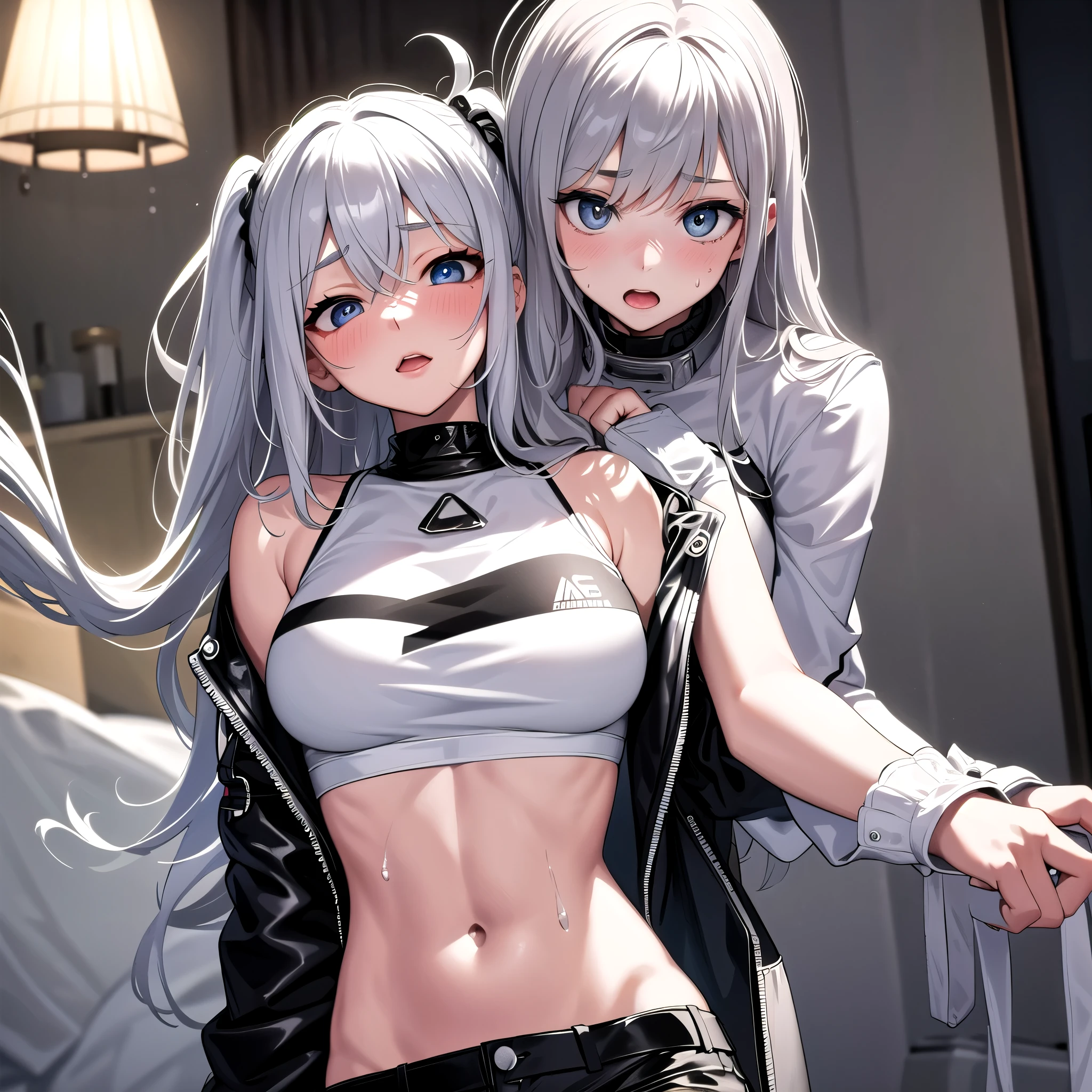 highest quality, 32k, Raw photo, incredibly Abdominal musclesurdres, Very detailed, Delicate texture, (Beautiful and beautiful eyes: 1.2), (overhead), Beautiful Face, 1peopleの女の子, １people,White crop top, leather shorts, Oversized leather jacket, Upper Body,  Abdominal muscles,Sweat, Ahegao, Roll your eyes, blush, Drooling,body fluid,indoor, night,Gray Hair、Big Tits、Two-side up messy wavy hair