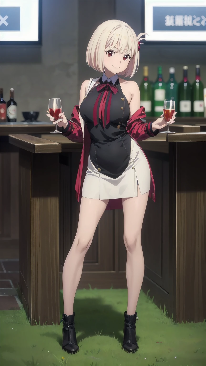 tmasterpiece, hiquality, detailing, bar, tray, A  girl, red leotard, black tights, no shoes, stands, Standing with a tray,