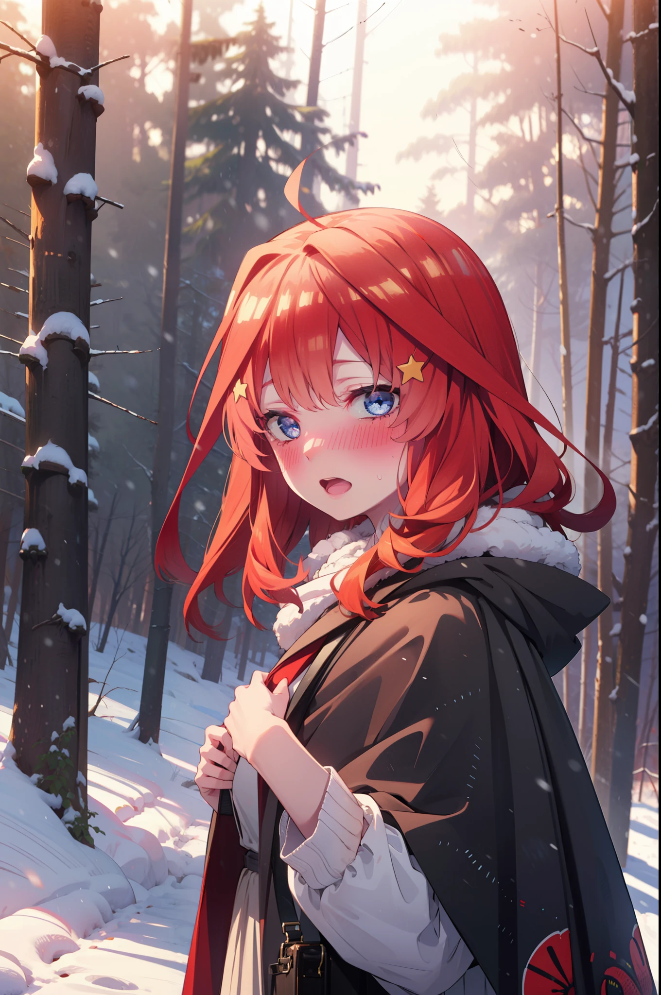 itsukinakano, Itsuki Nakano, bangs, blue eyes, Hair between the eyes, Ahoge, Redhead, star \(symbol\), hair ornaments, star hair ornaments,smile,blush,White Breath,
Open your mouth,snow, fire, Outdoor,Long skirt, boots, snowing, From the side, wood, suitcase, Cape, Blurred, Increase your meals, forest, White handbag, nature,  Squat, Mouth closed, フードed Cape, winter, Written boundary depth, Black shoes, red Cape break looking at viewer, Upper Body, whole body, break Outdoor, forest, nature, break (masterpiece:1.2), highest quality, High resolution, unity 8k wallpaper, (shape:0.8), (Beautiful and beautiful eyes:1.6), Highly detailed face, Perfect lighting, Highly detailed CG, (Perfect hands, Perfect Anatomy),