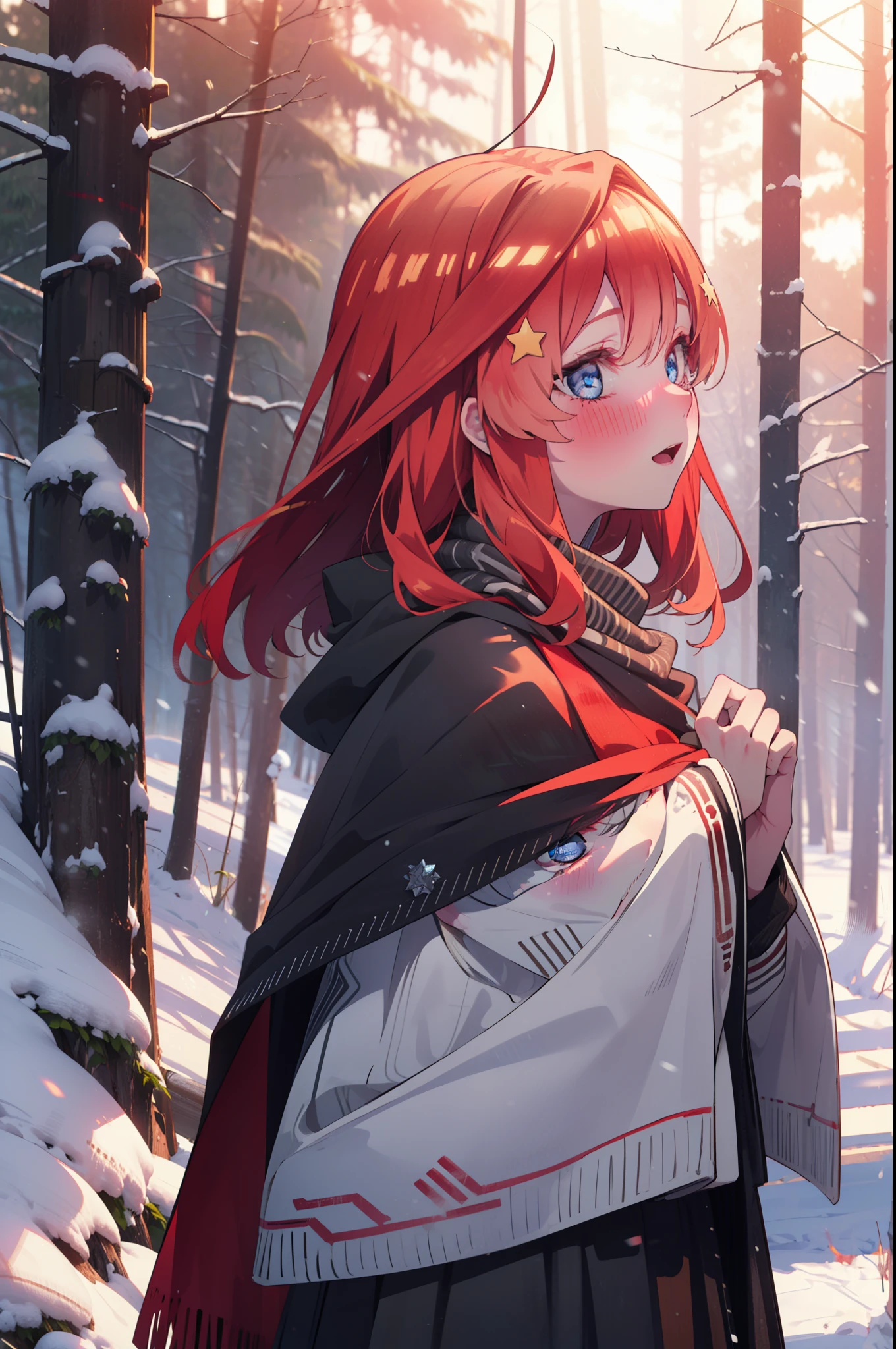 itsukinakano, Itsuki Nakano, bangs, blue eyes, Hair between the eyes, Ahoge, Redhead, star \(symbol\), hair ornaments, star hair ornaments,smile,blush,White Breath,
Open your mouth,snow, fire, Outdoor,Long skirt, boots, snowing, From the side, wood, suitcase, Cape, Blurred, Increase your meals, forest, White handbag, nature,  Squat, Mouth closed, フードed Cape, winter, Written boundary depth, Black shoes, red Cape break looking at viewer, Upper Body, whole body, break Outdoor, forest, nature, break (masterpiece:1.2), highest quality, High resolution, unity 8k wallpaper, (shape:0.8), (Beautiful and beautiful eyes:1.6), Highly detailed face, Perfect lighting, Highly detailed CG, (Perfect hands, Perfect Anatomy),