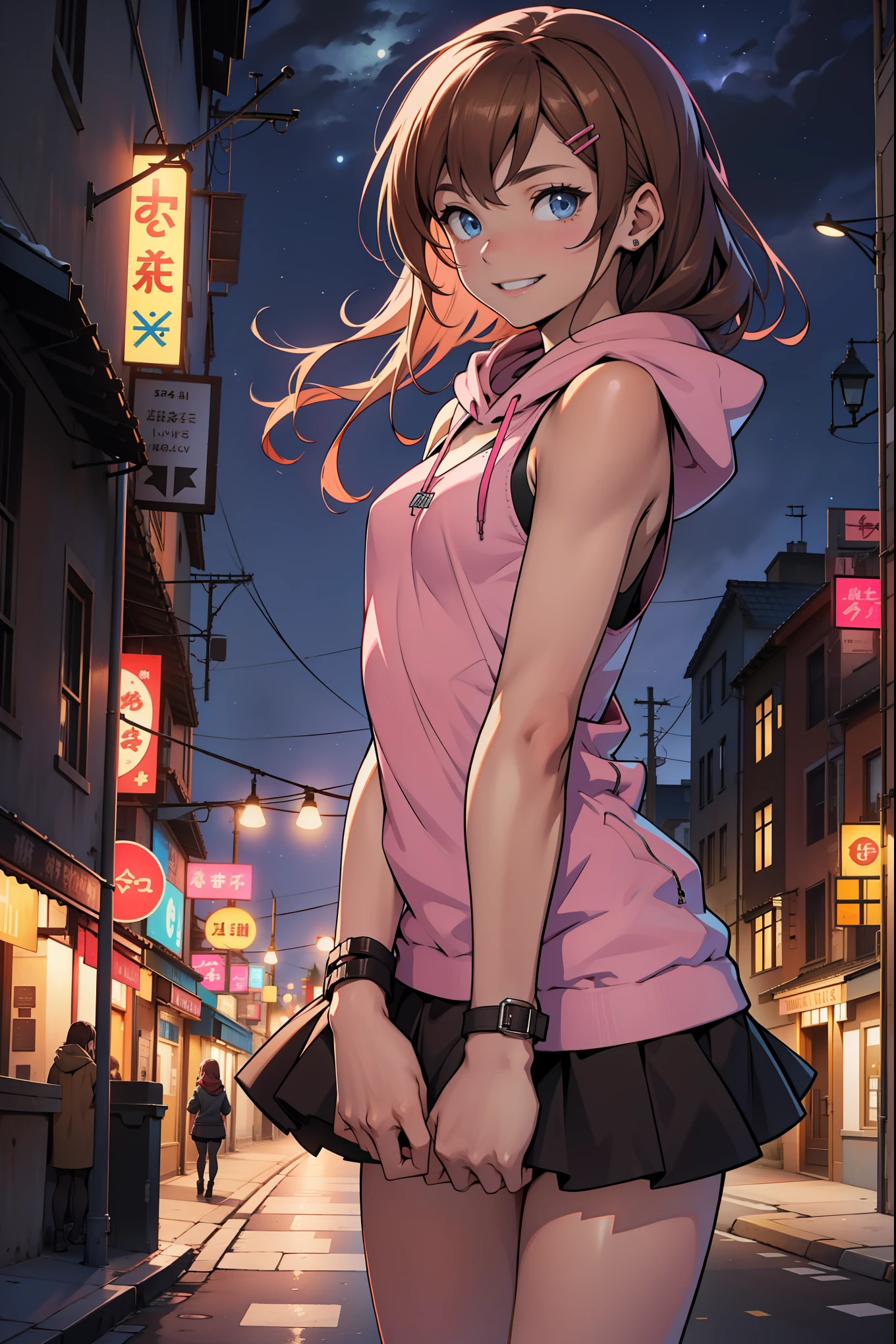 4k, one female, , long reddish-brown hair, blue eyes, smiling, city background, night, skinny, small breasts, braless, hairclip, pink sleeveless hoodie with miniskirt,