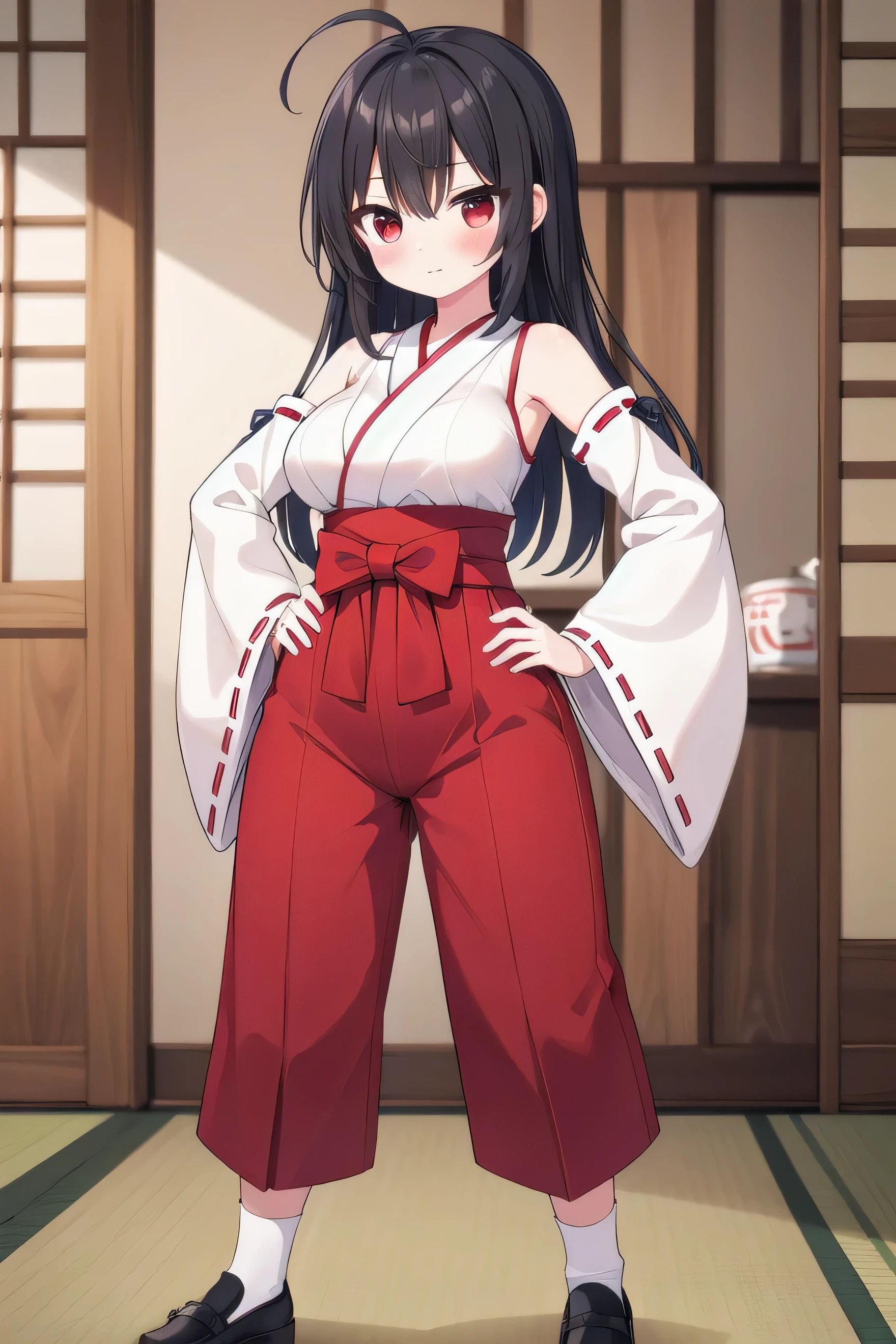 masterpiece, top quality, super detailed, CG illustration, high resolution, better lighting, best shadows, very delicate and beautiful, proper shading, hd, 8k,sendai hakurei no miko, 1girl, solo, long hair, breasts, blush, large breasts, black hair, red eyes, bare shoulders, ahoge, detached sleeves, japanese clothes, socks, pants, wide sleeves, leotard, hand on hip, hair tubes, hakama, nontraditional miko, tabi, red hakama, red pants, hakama pants