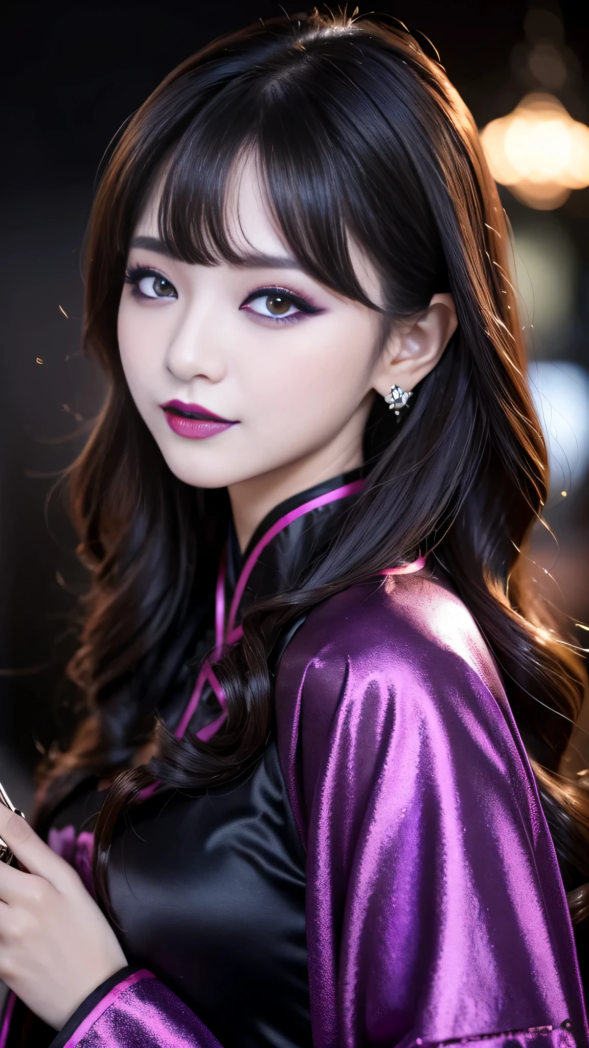 2girls、best quality、ultra-detailed、4k、Japanese、Seductive beauty、seductive adult woman、Pretty Woman、cool girl、Villainess、Brainwashed、brainwash、Fallen into evil、smirk、Evil look、Wicked Smile、evil、Brown hair、wavy hair、swept bangs、dark makeup、dark makeup、piercing eyes、hollow eyes,half-closed eyes、Hollow Eyes、Purple Eyeshadow、black lipstick、black lipglos、Long Black Cheongsam、Wide sleeves、night、Eerie Citadel、makeup brush、Make up、Are standing、