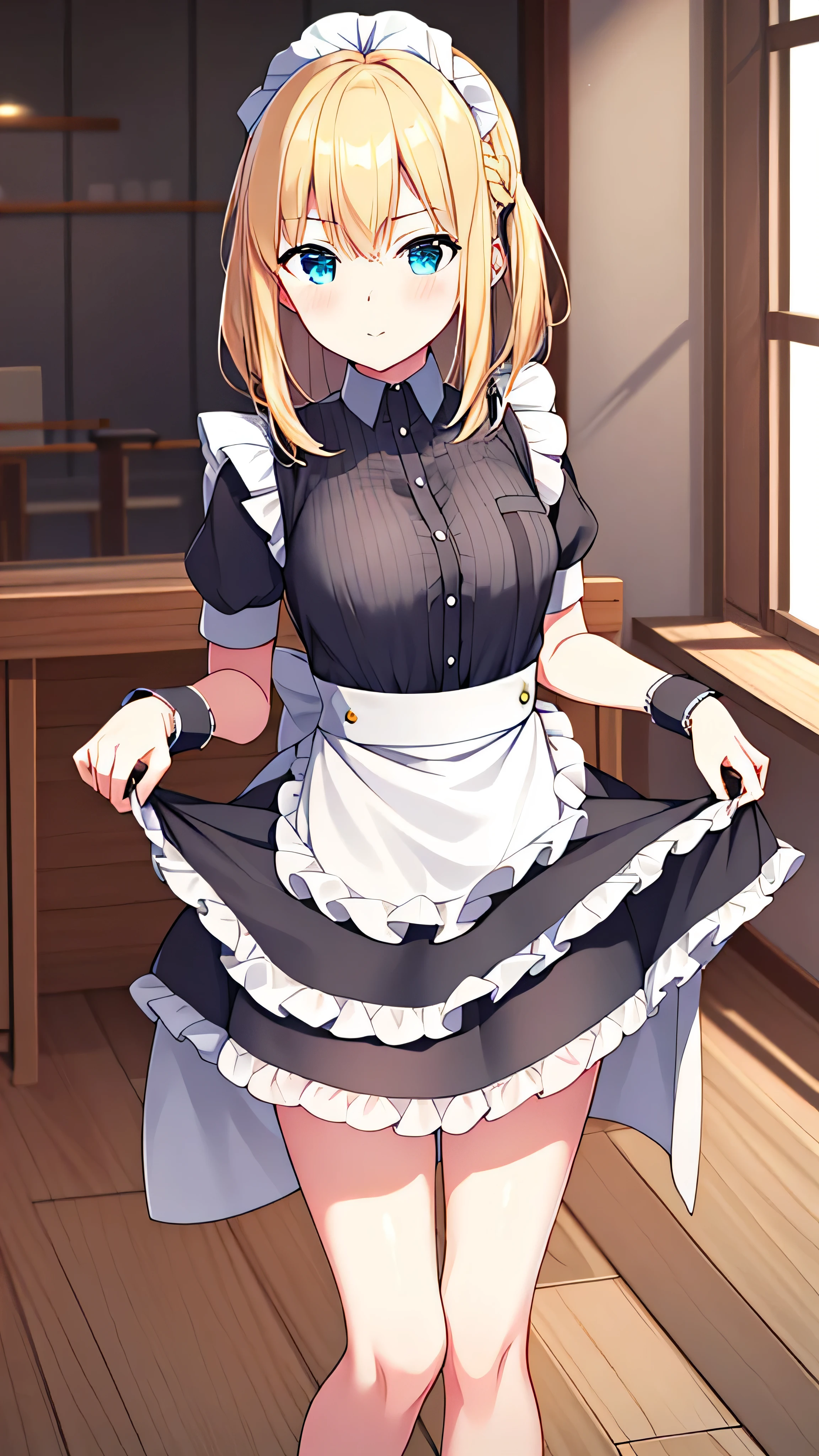 1 girl, , Solitary, lift your legs, Long hair, skirt, Pink_hair, maid_have, watch_take a step back, watch_Shown in_Look at the audience, By Bangs, Black_lift your legs, Blushed, Black_skirt, he himself, short_sleeve, clothing_lift, wrist_cuff, decorate, skirt_lift, Big deal_, lifted_Pasado_Self-expression, Translucent liquid from_Shown in the back, maid, Fluffy_short_sleeve, Side lock, Fluffy_sleeve, crops_top, blunt_By Bangs, , awago outh, Big deal腿, Black_have eyes, chair, Kneel down, Frilly_skirt, _go out, Shown in indoors, window, Not wearing，Not wearing underwear，