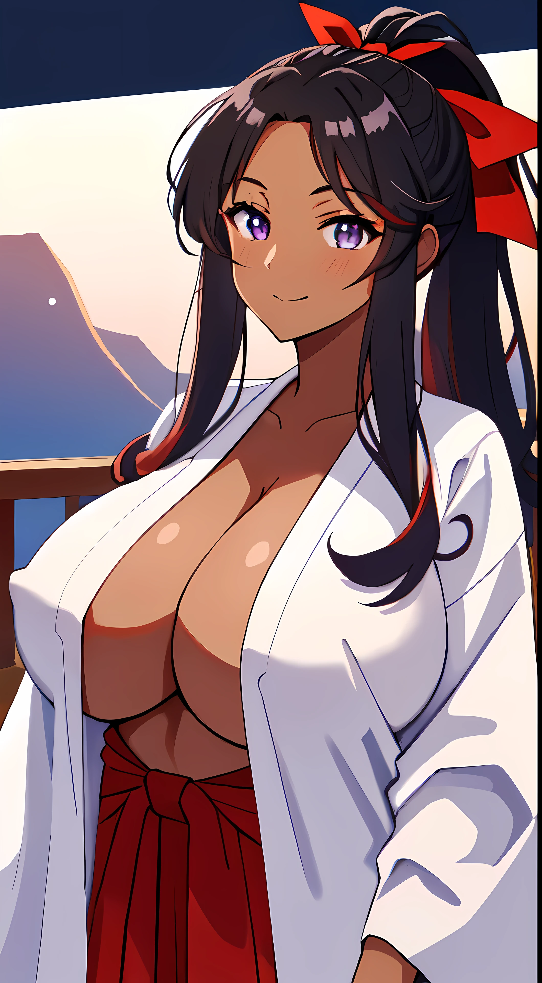 masterpiece, best quality, anime Illustration, 4k, 1 girl, solo, standing, long hair, black hair, violet eyes, high ponytail, red hair ribbon, red ribbon, red hakama and white kimono, thin fabric, nipples, erect nipples, big breasts, huge breasts, looking_at_viewer, motherly smile, upper_body, dark skin, ((Village background:1.0)), ((dark skin: 1.5)), , ((parted bangs: 1.4)),  parted bangs, large forehead, purple eyes, red hakama