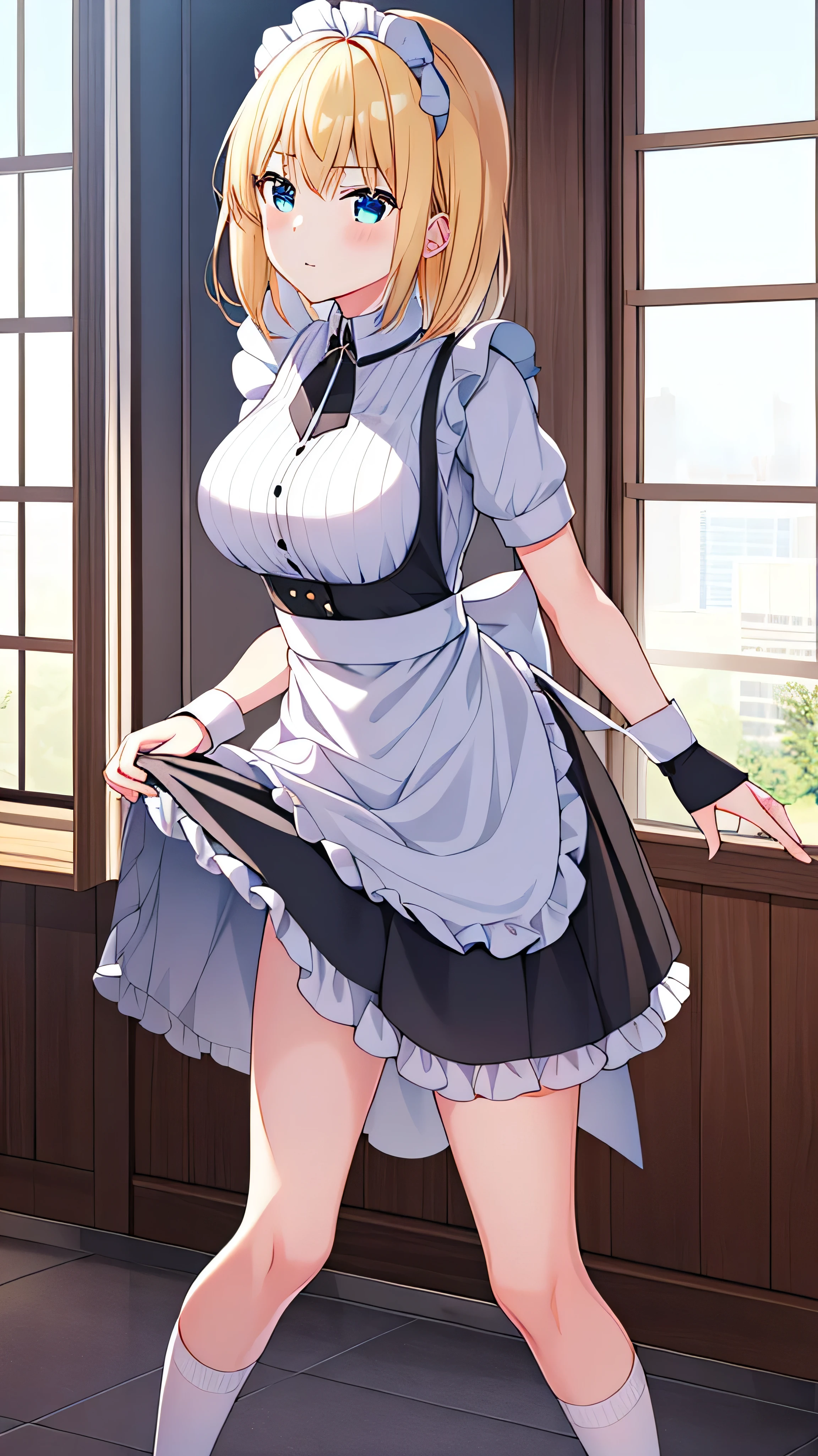 Master masterpiece, top-quality, High Definition, , Lucy Heartphilia, blonde  hair, length hair, large full breasts, Smile with open mouth, Solo、pinafore, doress, frilld, Maids, maid apronl, Maid headdress, Short dress, 独奏, black thighhighs, Shawl Uniform,、(Skirt lift:1.3), (pink panty:1.3)、(Skirt that rolls up:1.3)、(Fully exposed panties:1.5)