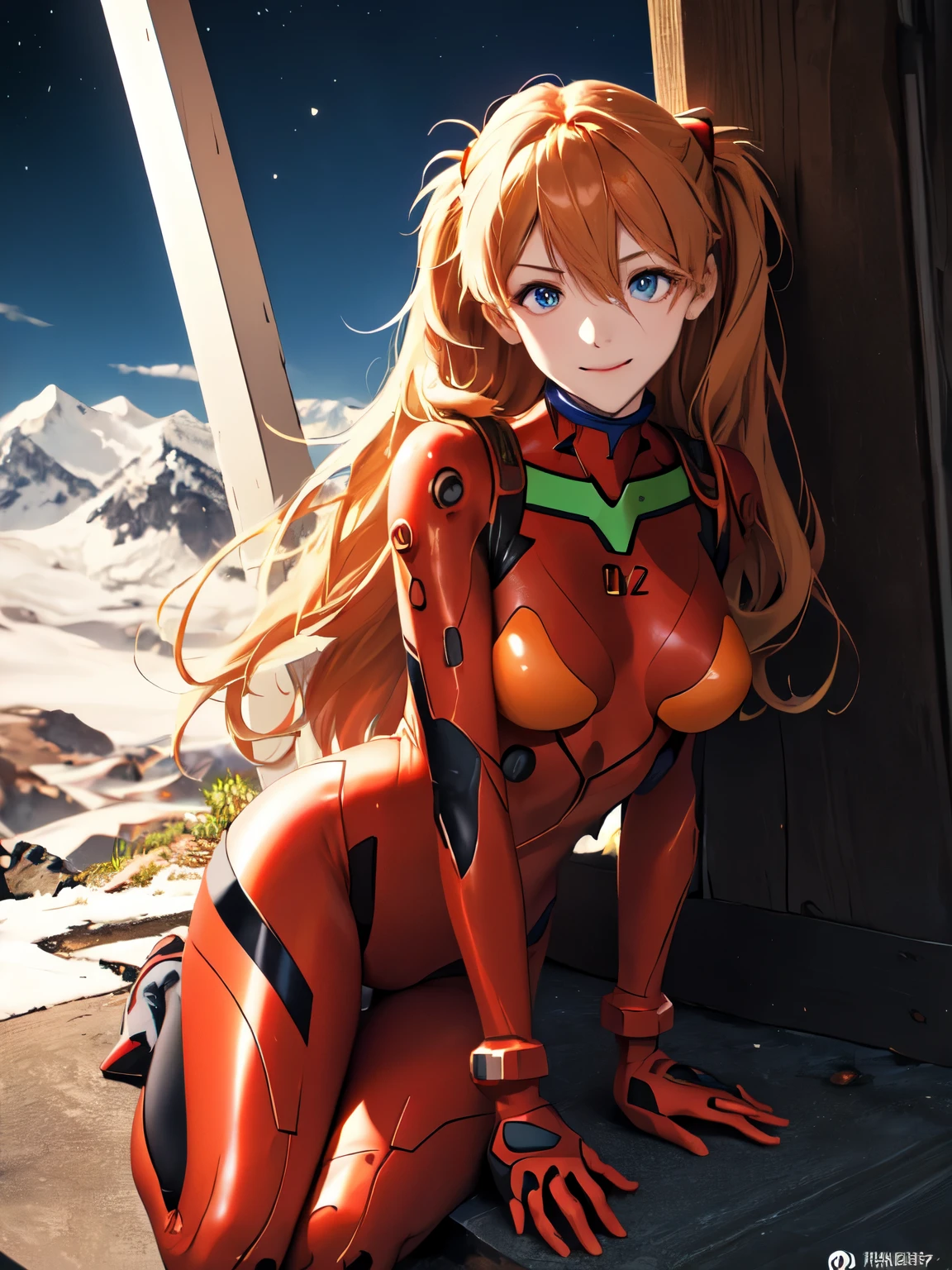 (masterpiece, highest quality), One girl, Beautiful Face, Beautiful body, souryuu_Asuka_Langley, Plug Suit, Bodysuits, Interface Headset, red Bodysuits, Hair between the eyes, Pilot Suit,((Show your whole body:1.5)), smile, sit, night, Mountain, Mountain小屋