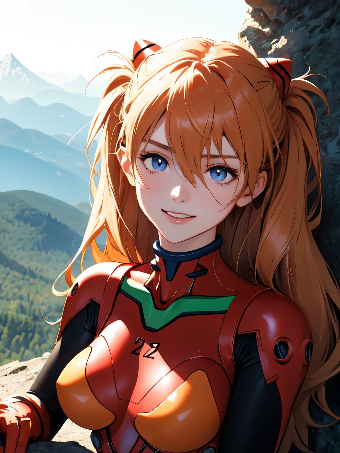 (masterpiece, highest quality), One girl, Beautiful Face, Beautiful body, souryuu_Asuka_Langley, Plug Suit, Bodysuits, Interface Headset, red Bodysuits, Hair between the eyes, Pilot Suit,((Show your whole body:1.5)), smile, sit, night, Mountain, Mountain小屋