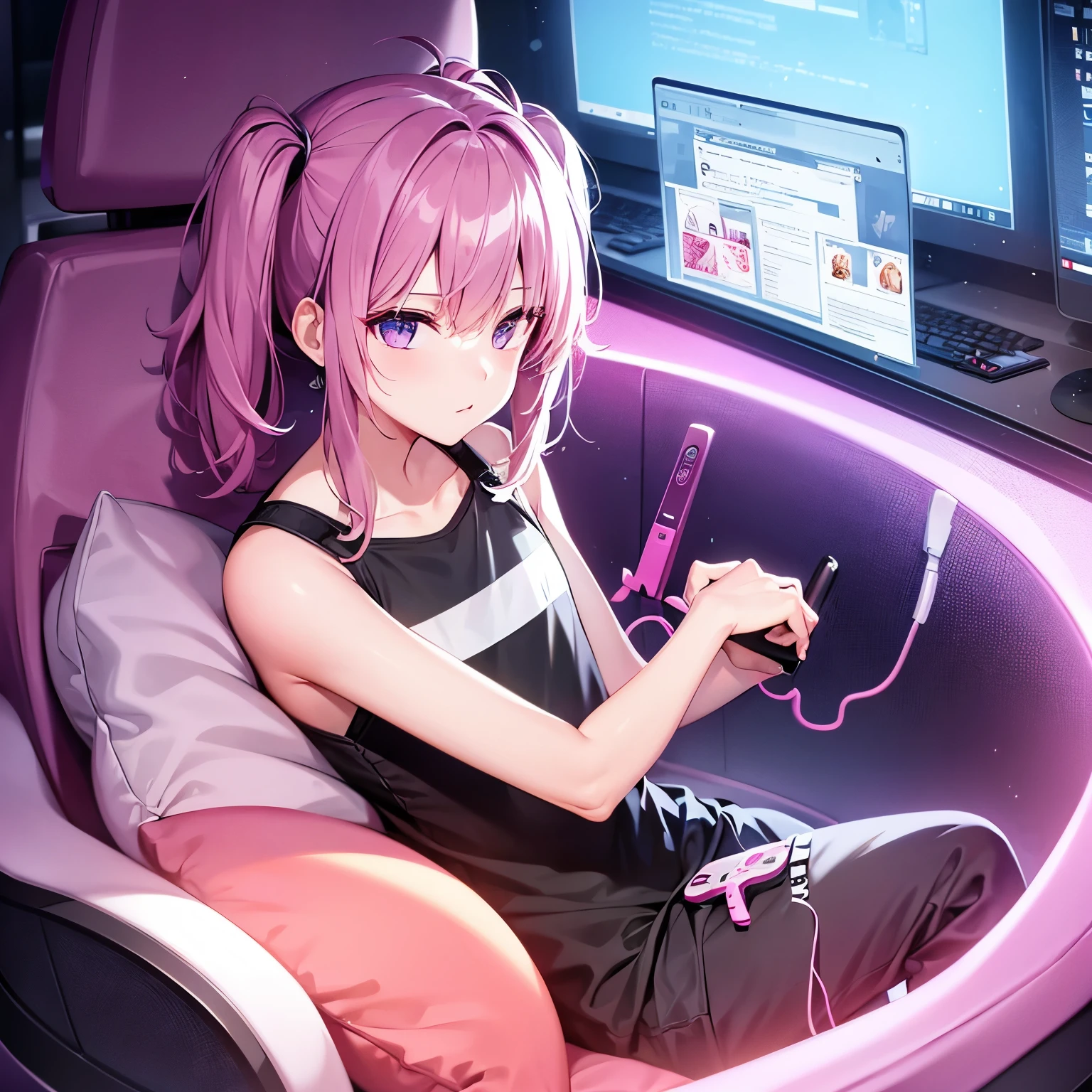 masterpiece, highly detailed, 8k, night time, neon gaming cave, adorable short haired American gamer girl sitting on a bean bag, cute face, holding a playstation game control, showing panties, sexy panties, looking at the monitor, Twitch streamer, camgirl, very short skirt, fit, gorgeous, sexy, 23 year old, over the knee socks, pink hair, messy twin tails, (dynamic pose), (dynamic angle), panty shot