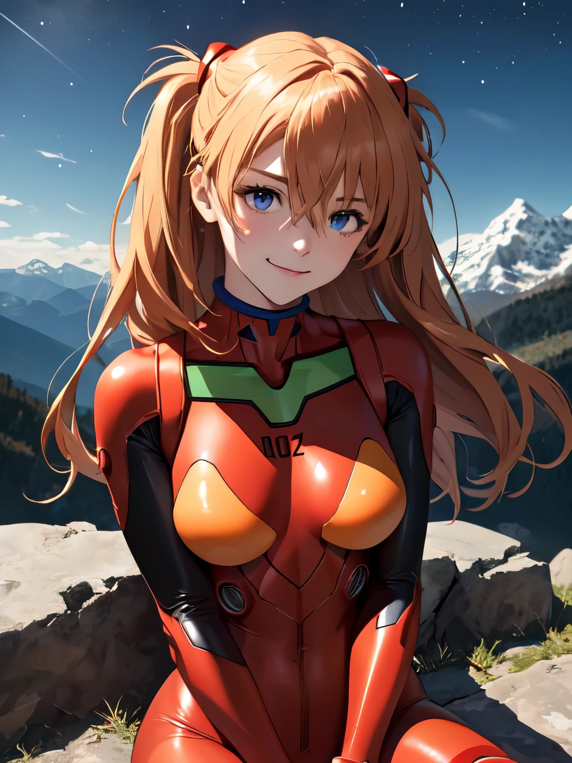 (masterpiece, highest quality), One girl, Beautiful Face, Beautiful body, souryuu_Asuka_Langley, Plug Suit, Bodysuits, Interface Headset, red Bodysuits, Hair between the eyes, Pilot Suit,((Show your whole body:1.5)), smile, sit, night, Mountain, Mountain小屋, Star of the sky