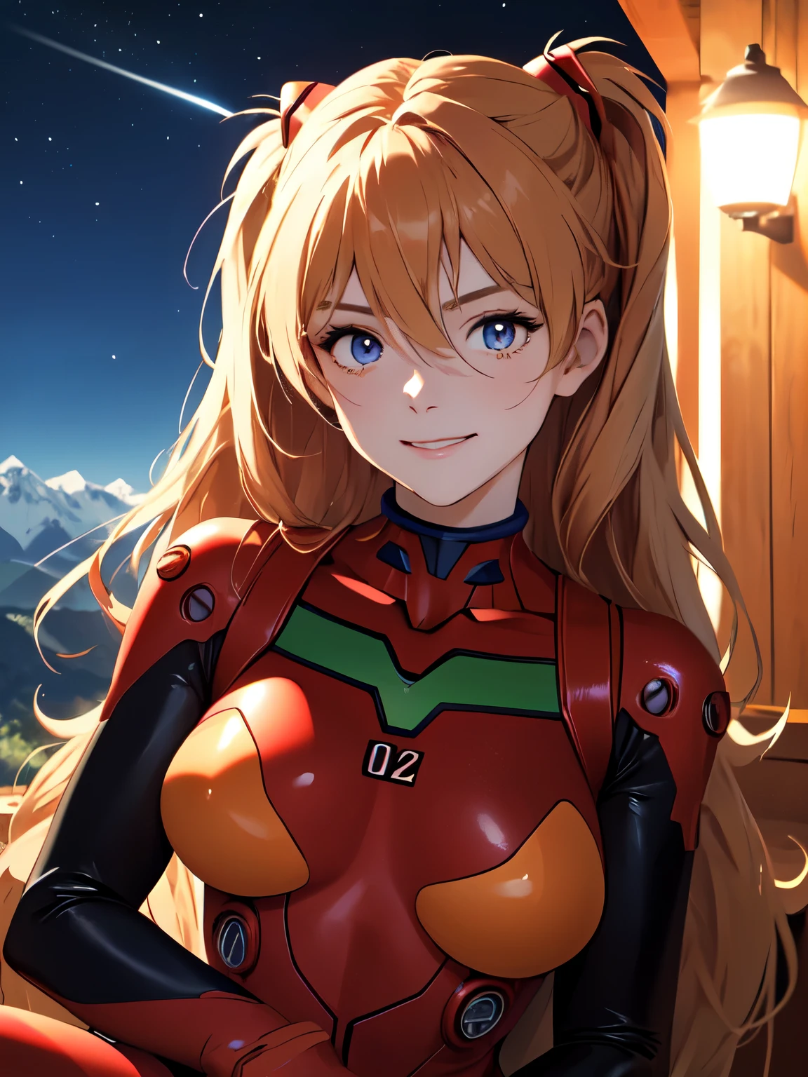 (masterpiece, highest quality), One girl, Beautiful Face, Beautiful body, souryuu_Asuka_Langley, Plug Suit, Bodysuits, Interface Headset, red Bodysuits, Hair between the eyes, Pilot Suit,((Show your whole body:1.5)), smile, sit, night, Mountain, Mountain小屋, Star of the sky