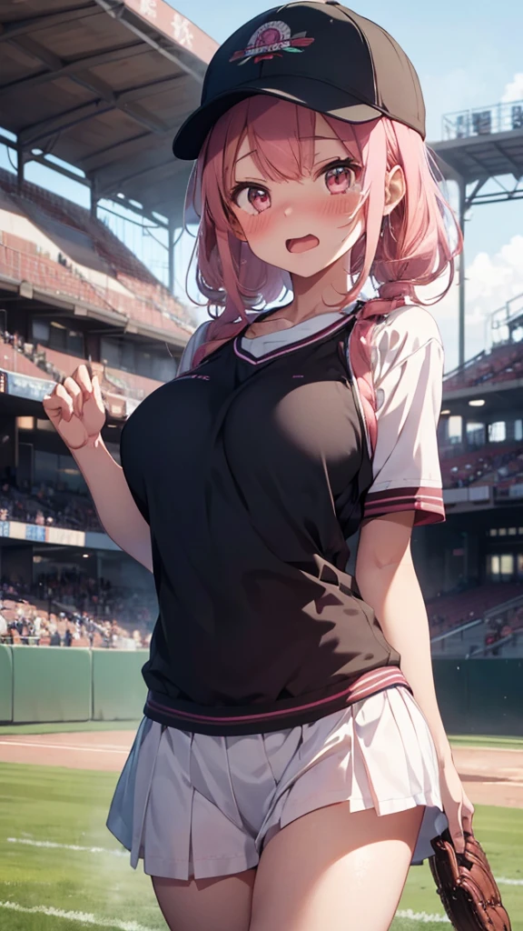 mastute piece,Best Quality,insanely detailed,8k cg,
shoot upper body,
1girl,standing,body in front,looking at viewer,(serafuku,baseball cap),
blush,shy,(trembling:1.2),pink hair,break,open mouth,large breast,stadium,