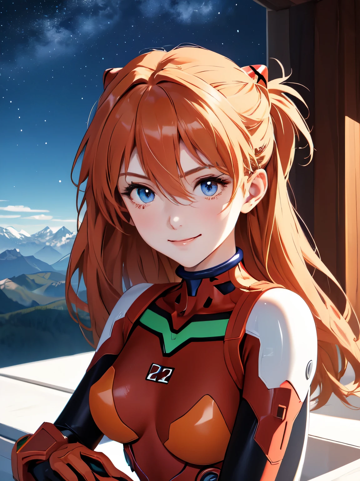 (masterpiece, highest quality), One girl, Beautiful Face, Beautiful body, souryuu_Asuka_Langley, Plug Suit, Bodysuits, Interface Headset, red Bodysuits, Hair between the eyes, Pilot Suit,((Show your whole body:1.5)), smile, sit, night, Mountain, Mountain小屋, Star of the sky