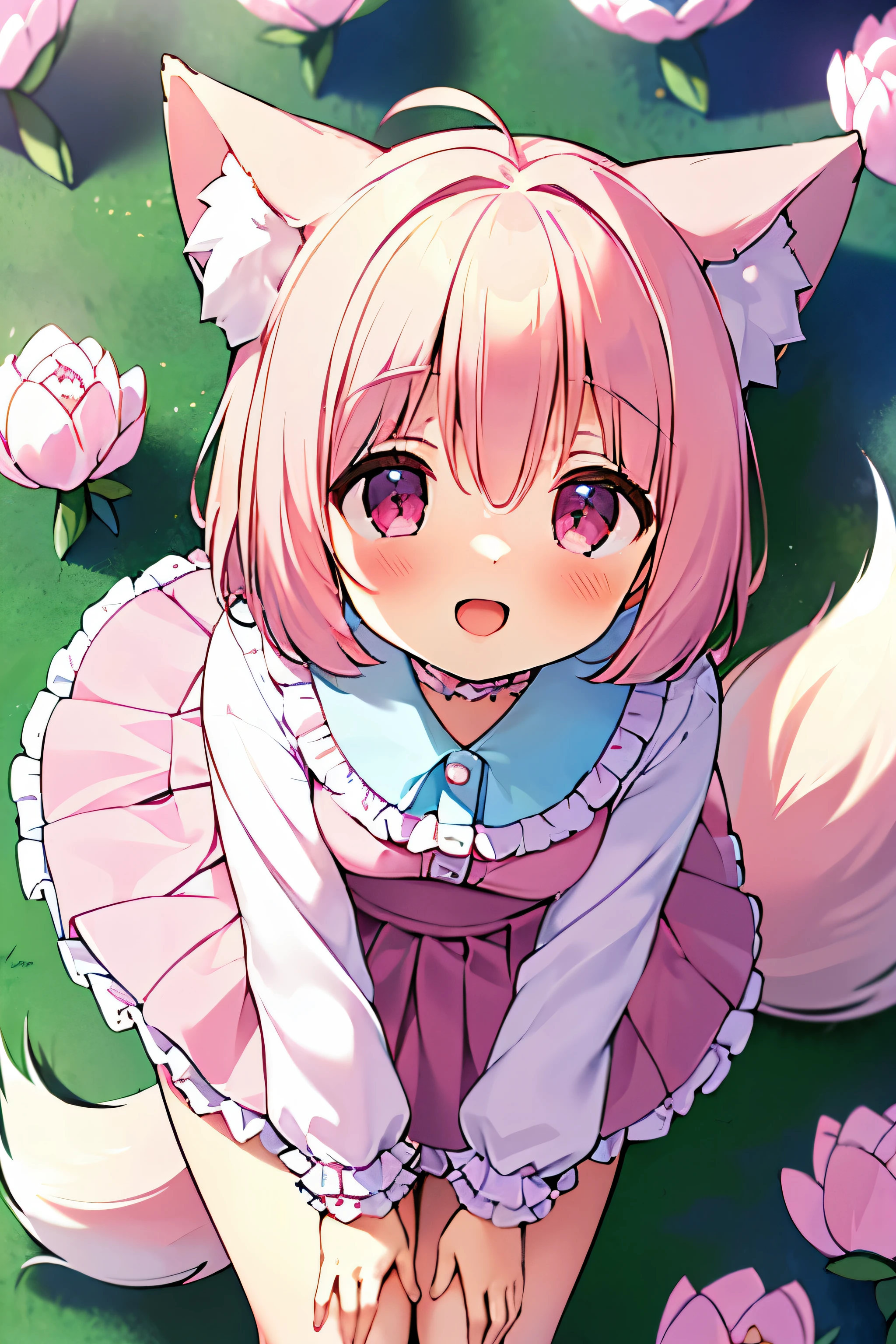 (((masterpiece))), (((最high quality))), (((high quality))), (((beautiful))), (((8K))), (((High resolution)) (((超High resolution))), (((High resolution))), (((Transcendent Technique Illustration))), (Pink Short Hair:1.3), (Pink fox tail:1.4), (Pink fox tail:1.2), Pink fox ears, (Pink Eyes), Small breasts, (Cowboy Shot:1.3), (laughing:1.3), (Tulip flower field), (grassland:1.2), (Super cute pink blouse with frills:1.3), (Blue pleated skirt with frills:1.3), (look up:1.4), (Leaning forward:1.5), (From above:1.4)