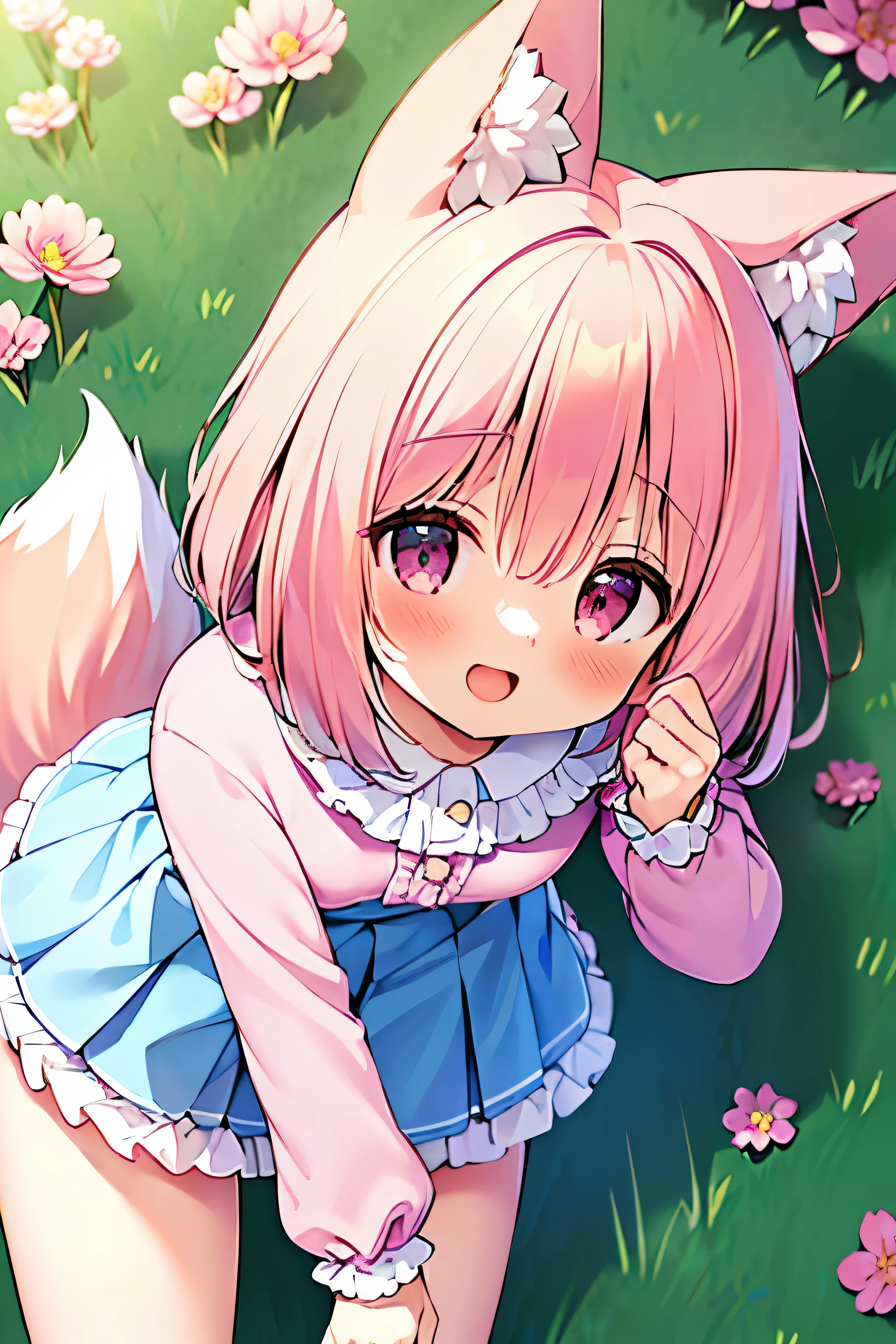 (((masterpiece))), (((最high quality))), (((high quality))), (((beautiful))), (((8K))), (((High resolution)) (((超High resolution))), (((High resolution))), (((Transcendent Technique Illustration))), (Pink Short Hair:1.3), (Pink fox tail:1.4), (Pink fox tail:1.2), Pink fox ears, (Pink Eyes), Small breasts, (Cowboy Shot:1.3), (laughing:1.3), (Tulip flower field), (grassland:1.2), (Super cute pink blouse with frills:1.3), (Blue pleated skirt with frills:1.3), (look up:1.4), (Leaning forward:1.5), (From above:1.4)