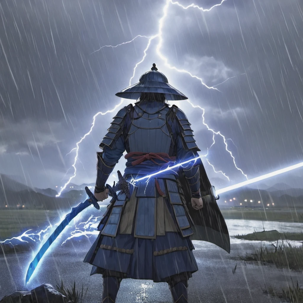 A samurai warrior dressed for battle wields a lightning charged blue sword, it is a dreary rainy battlefield