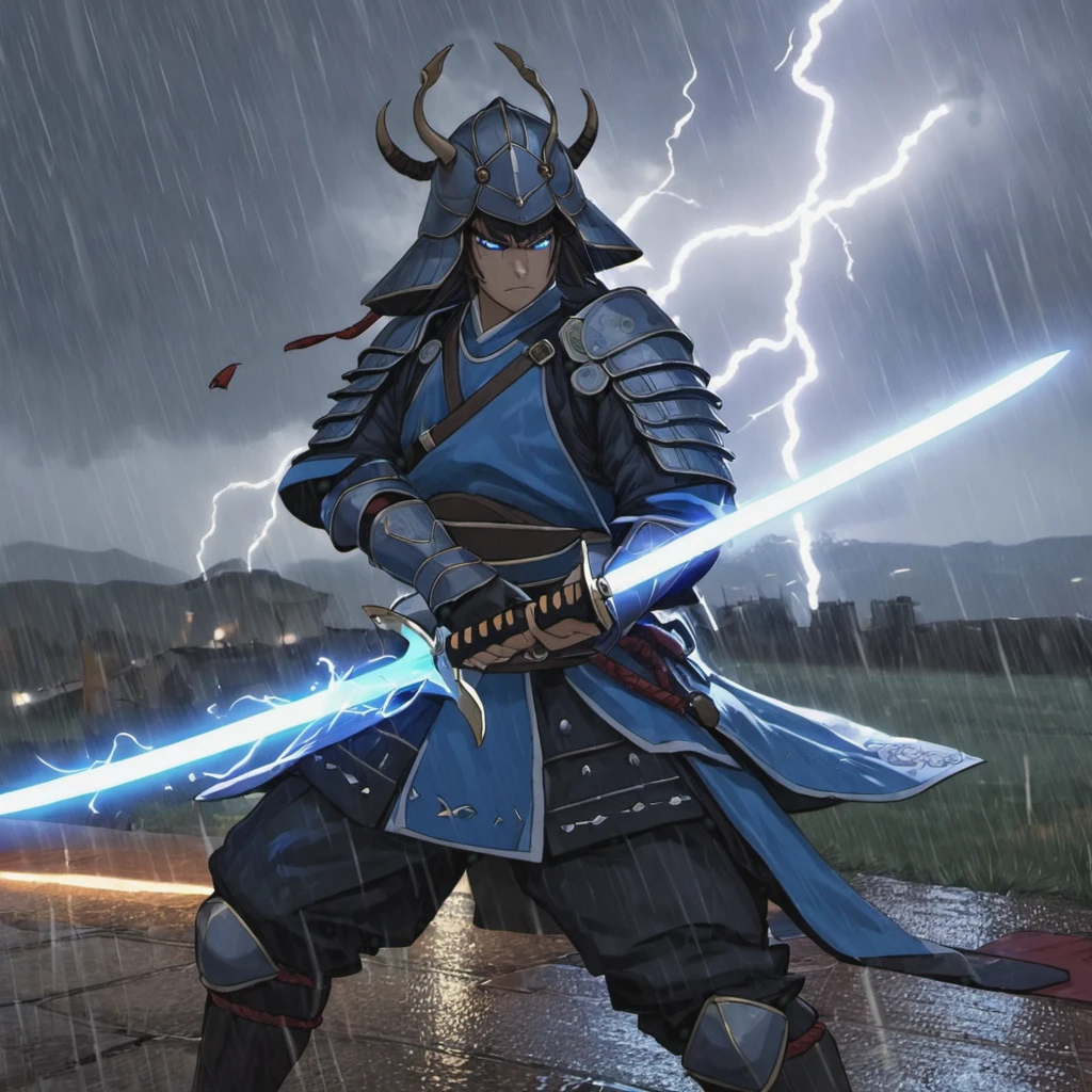 A samurai warrior dressed for battle wields a lightning charged blue sword, it is a dreary rainy battlefield