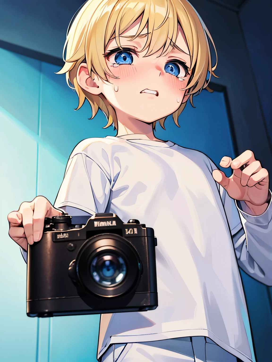 1 boy, 5 years old, crying,blue eyes, teeth showing, tears coming out, Very crying, depressed,camera angle from below, very sad expression,blonde hair,Long sleeve t-shirt, white t-shirt, white pants,close up photo