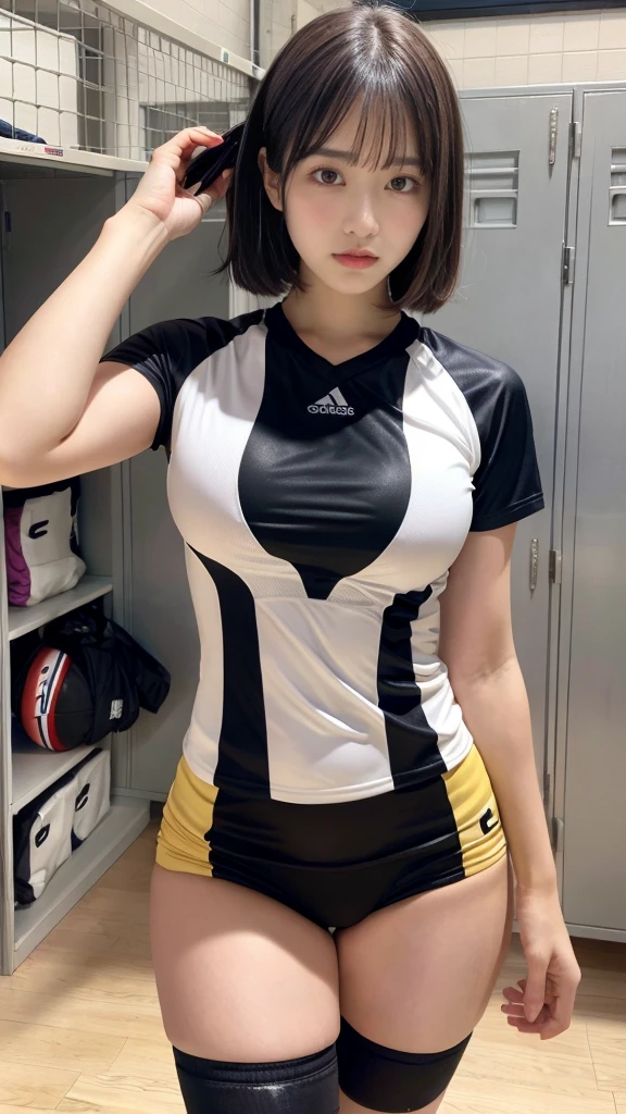 muste piece, best quality, illustration, Super detailed, fine details, High resolution, 8K,wall paper, perfect dynamic composition,(Details High quality, realistic depiction of eyes:1.3), (short hair volleyball player, Volleyball Uniforms), Tight clothes, locker room, (large breasts), black hair color, Big Natural Color Lip, bold sexy pose, (perfect body shape), Do gal makeup, sexy face, Harajuku style、20 year old girl、cute type、ta、beautiful legs, hposing Gravure Idol, Voluptuous thighs