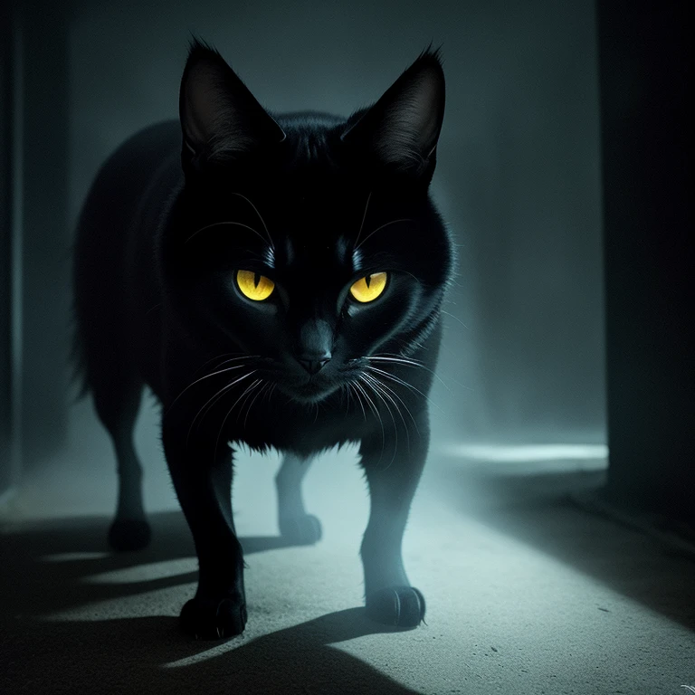 In the heart of a dimly lit alley, a perturbador sight unfolds - a Science fiction marvel of scary technology. An animal, unlike any other, emerges from the shadows. Its body, sleek and metallic, morphs the form of a gato. Yet, its eyes, brillantes and ojos amarillos, pierce the night with an uncanny intensity, reminiscent of a horror movie's villain. The gato negro, with its peludo fur texturized to a hyper-realistic finish, sends chills down the spine. The scene, bathed in the eerie glow of HDR lighting, leaves one questioning the boundaries between nature and technology. This intric
