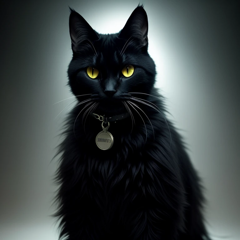 In the heart of a dimly lit alley, a perturbador sight unfolds - a Science fiction marvel of scary technology. An animal, unlike any other, emerges from the shadows. Its body, sleek and metallic, morphs the form of a gato. Yet, its eyes, brillantes and ojos amarillos, pierce the night with an uncanny intensity, reminiscent of a horror movie's villain. The gato negro, with its peludo fur texturized to a hyper-realistic finish, sends chills down the spine. The scene, bathed in the eerie glow of HDR lighting, leaves one questioning the boundaries between nature and technology. This intric