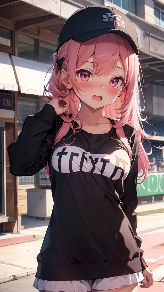 mastute piece,Best Quality,insanely detailed,8k cg,
shoot upper body,
1girl,standing,body in front,looking at viewer,(serafuku,baseball cap),
blush,shy,(trembling:1.2),pink hair,break,open mouth,large breast,stadium,