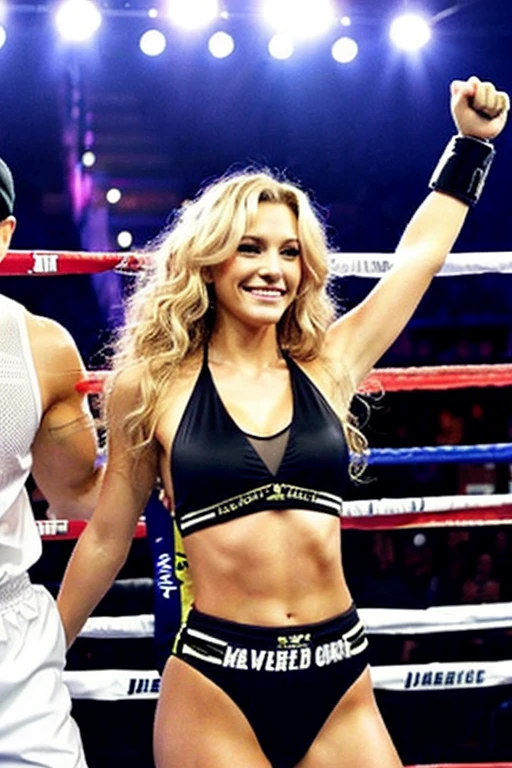 A Latin woman with long blonde hair in loose, wavy perms、Rin in the boxing ring々Successfullyラウンドガールとして立っています。She is wearing a leather cross-hugging bikini。The boxing venue was very lively.、Standing under the spotlight with a little smile。The figure is Rin々Successfully、Shown in full body shot。He is holding both his arms up and holding a sign that says ROUND 1 with both hands.。