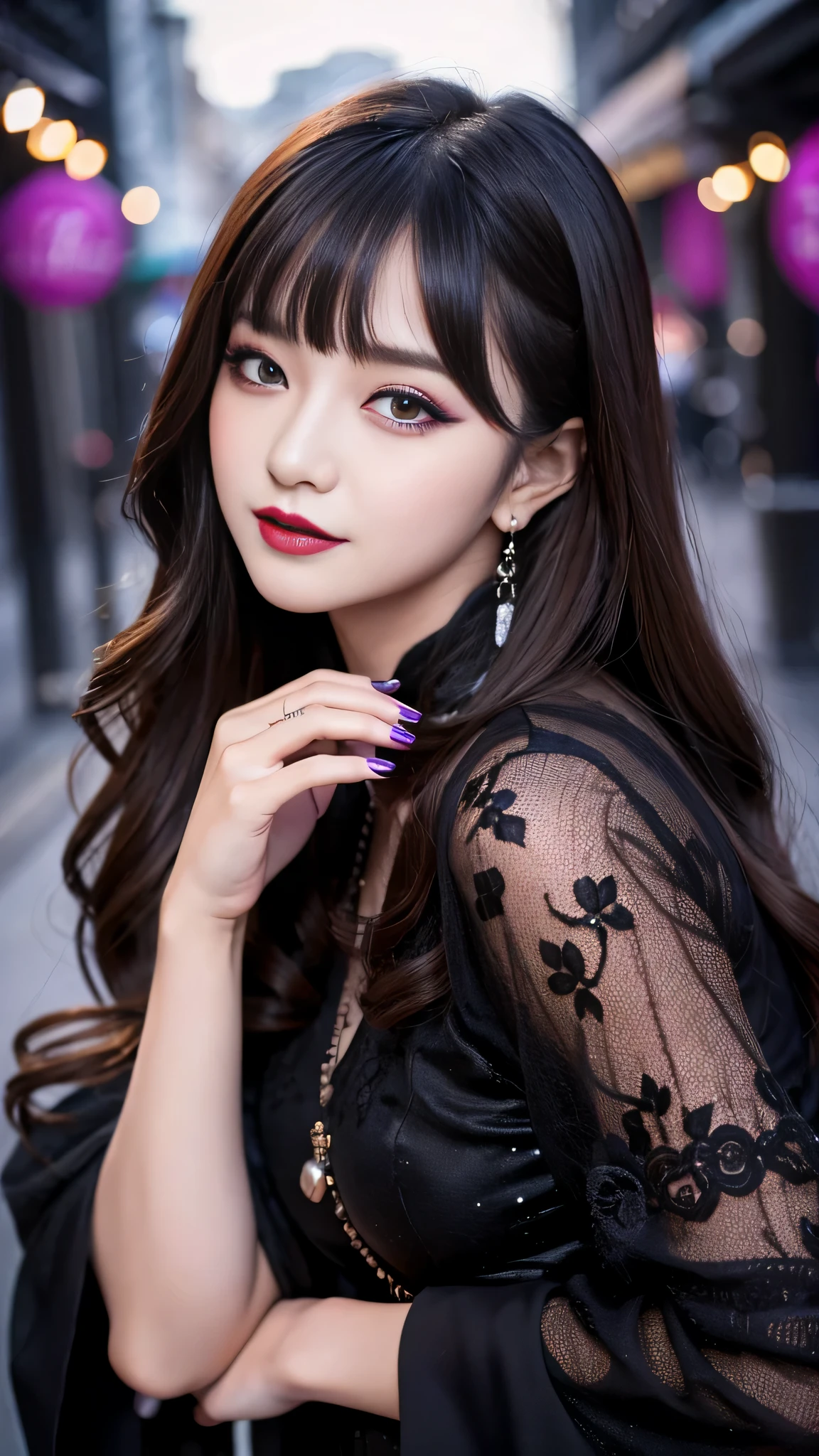 2girls、best quality、ultra-detailed、4k、Japanese、Seductive beauty、seductive adult woman、Pretty Woman、cool girl、Villainess、Brainwashed、brainwash、Fallen into evil、smirk、Evil look、Wicked Smile、evil、Brown hair、wavy hair、swept bangs、dark makeup、dark makeup、piercing eyes、hollow eyes,half-closed eyes、Hollow Eyes、Purple Eyeshadow、black lipstick、black lipglos、Long Black Cheongsam、Wide sleeves、night、Eerie Citadel、makeup brush、Make up、Are standing、