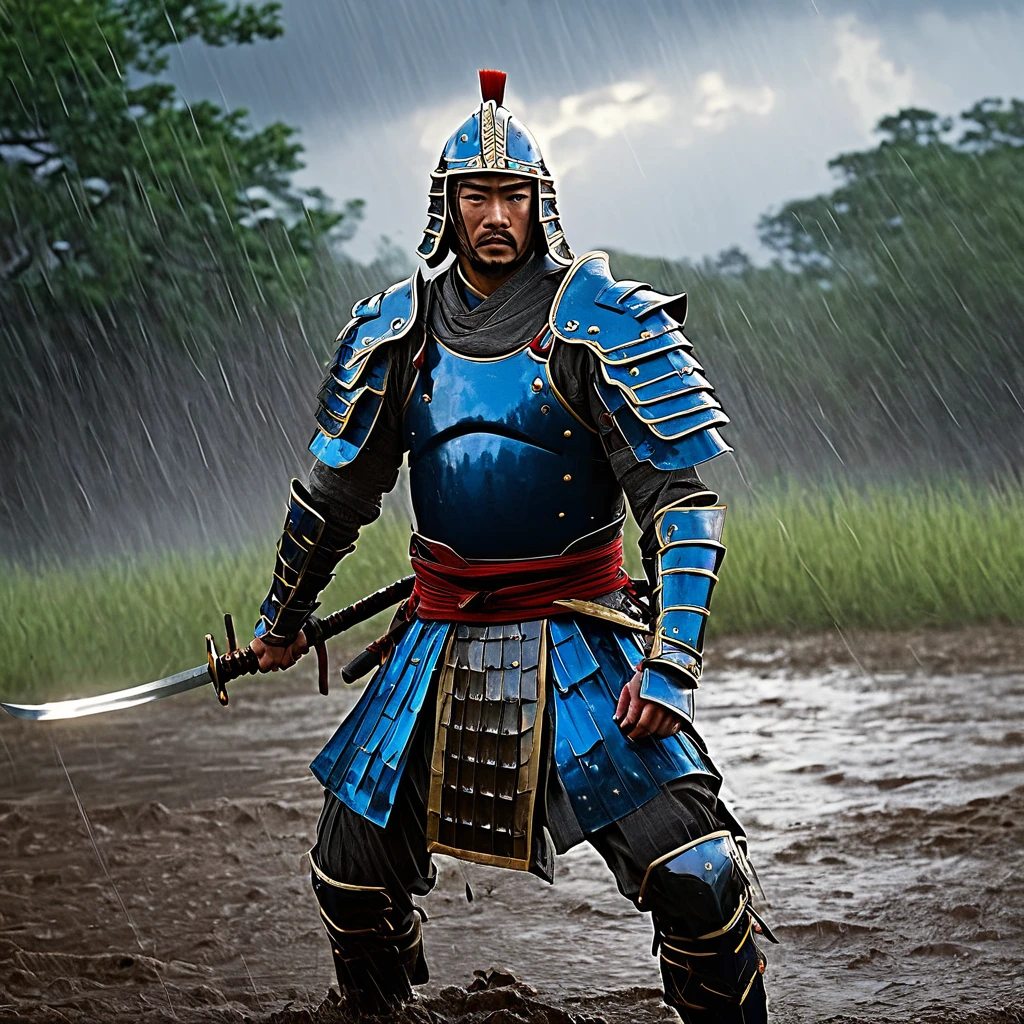 (best quality,4k,8k,highres,masterpiece:1.2),ultra-detailed,(realistic,photorealistic,photo-realistic:1.37),HDR,UHD,studio lighting,ultra-fine painting,sharp focus,physically-based rendering,extreme detail description,professional,vivid colors,bokeh,warrior,samurai,dressed for battle,lightning charged blue sword,dreary,rainy battlefield,stormy,heavy rain,strong wind,battle scars,worn armor,shiny armor,reflective armor,slashing motion,heroic pose,fierce expression,agile movement,thunderbolts,falling raindrops,splashing water,muddy ground,shattered trees,battle smoke,streaks of lightning,murky sky,misty fog,emblem on armor,ancient katana,rain-soaked cloak,thunderous clash