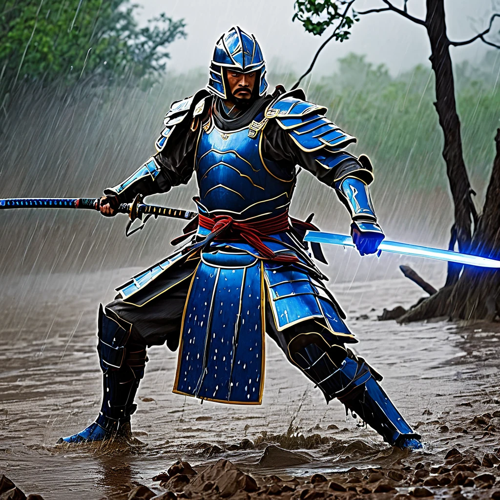(best quality,4k,8k,highres,masterpiece:1.2),ultra-detailed,(realistic,photorealistic,photo-realistic:1.37),HDR,UHD,studio lighting,ultra-fine painting,sharp focus,physically-based rendering,extreme detail description,professional,vivid colors,bokeh,warrior,samurai,dressed for battle,lightning charged blue sword,dreary,rainy battlefield,stormy,heavy rain,strong wind,battle scars,worn armor,shiny armor,reflective armor,slashing motion,heroic pose,fierce expression,agile movement,thunderbolts,falling raindrops,splashing water,muddy ground,shattered trees,battle smoke,streaks of lightning,murky sky,misty fog,emblem on armor,ancient katana,rain-soaked cloak,thunderous clash