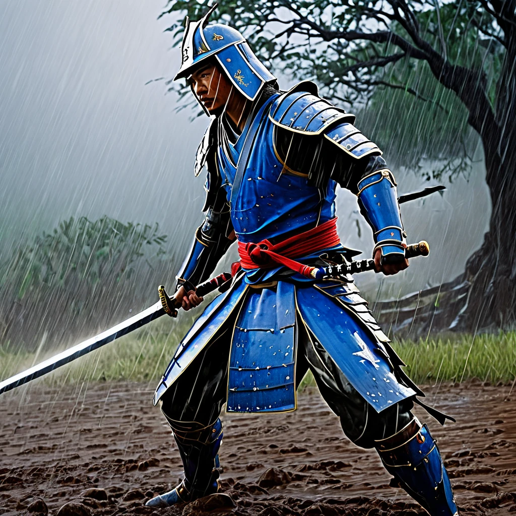 (best quality,4k,8k,highres,masterpiece:1.2),ultra-detailed,(realistic,photorealistic,photo-realistic:1.37),HDR,UHD,studio lighting,ultra-fine painting,sharp focus,physically-based rendering,extreme detail description,professional,vivid colors,bokeh,warrior,samurai,dressed for battle,lightning charged blue sword,dreary,rainy battlefield,stormy,heavy rain,strong wind,battle scars,worn armor,shiny armor,reflective armor,slashing motion,heroic pose,fierce expression,agile movement,thunderbolts,falling raindrops,splashing water,muddy ground,shattered trees,battle smoke,streaks of lightning,murky sky,misty fog,emblem on armor,ancient katana,rain-soaked cloak,thunderous clash
