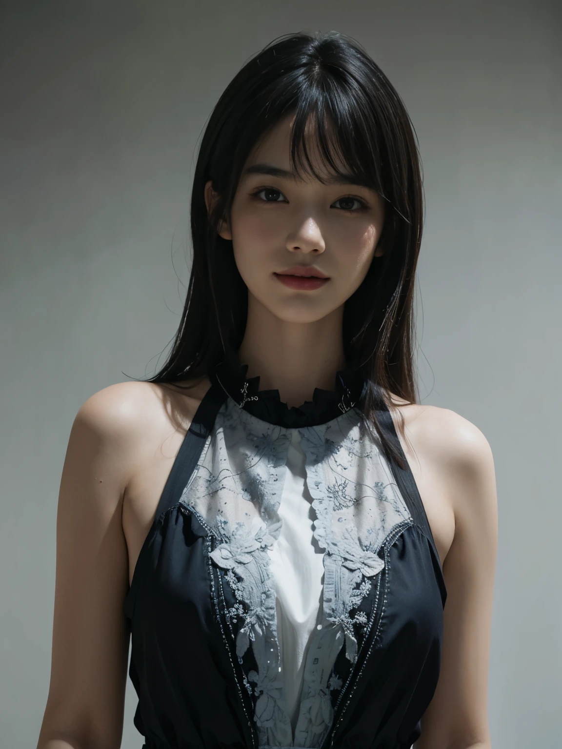 (ultra realistic) , (illustration), (increase resolution), (8K), (extremely detailed), (best illustration), (beautiful detailed eyes), (best quality), (ultra-detailed), (masterpiece), (wallpaper), (detailed face), solo,1 girl, looking at viewers, black straight hair, delicate details, in the dark, deep shadow, low key, pureerosfaceace_v1, happy smile, summer dress, full body, meadow