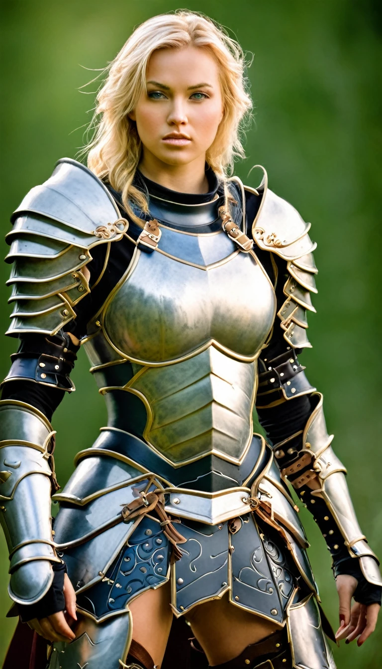 A beautiful warrior woman with blonde hair and armor.