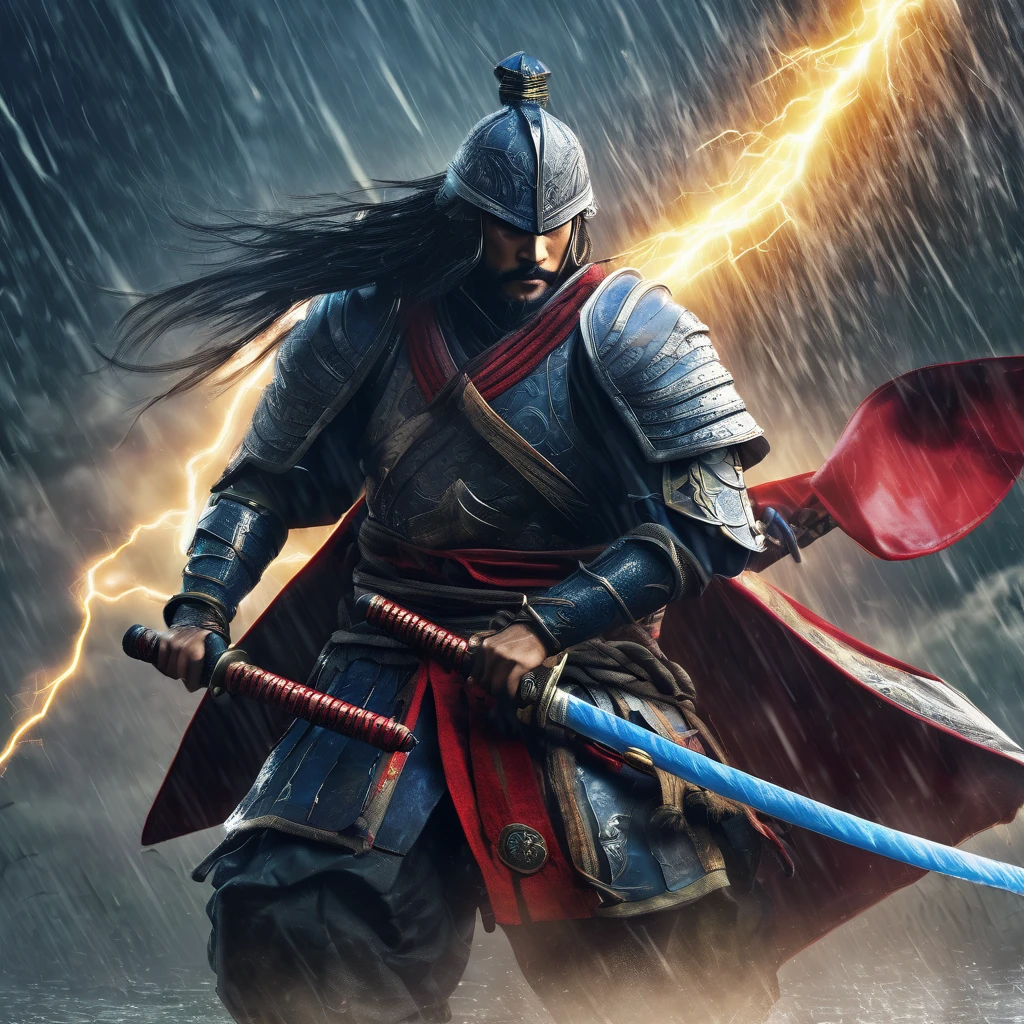 (best quality,4k,8k,highres,masterpiece:1.2),ultra-detailed,(realistic,photorealistic,photo-realistic:1.37),HDR,UHD,studio lighting,ultra-fine painting,sharp focus,physically-based rendering,extreme detail description,professional,vivid colors,bokeh,warrior,samurai,dressed for battle,lightning charged blue sword,dreary,rainy battlefield,stormy,heavy rain,strong wind,battle scars,worn armor,shiny armor,reflective armor,slashing motion,heroic pose,fierce expression,agile movement,thunderbolts,falling raindrops,splashing water,muddy ground,shattered trees,battle smoke,streaks of lightning,murky sky,misty fog,emblem on armor,ancient katana,rain-soaked cloak,thunderous clash