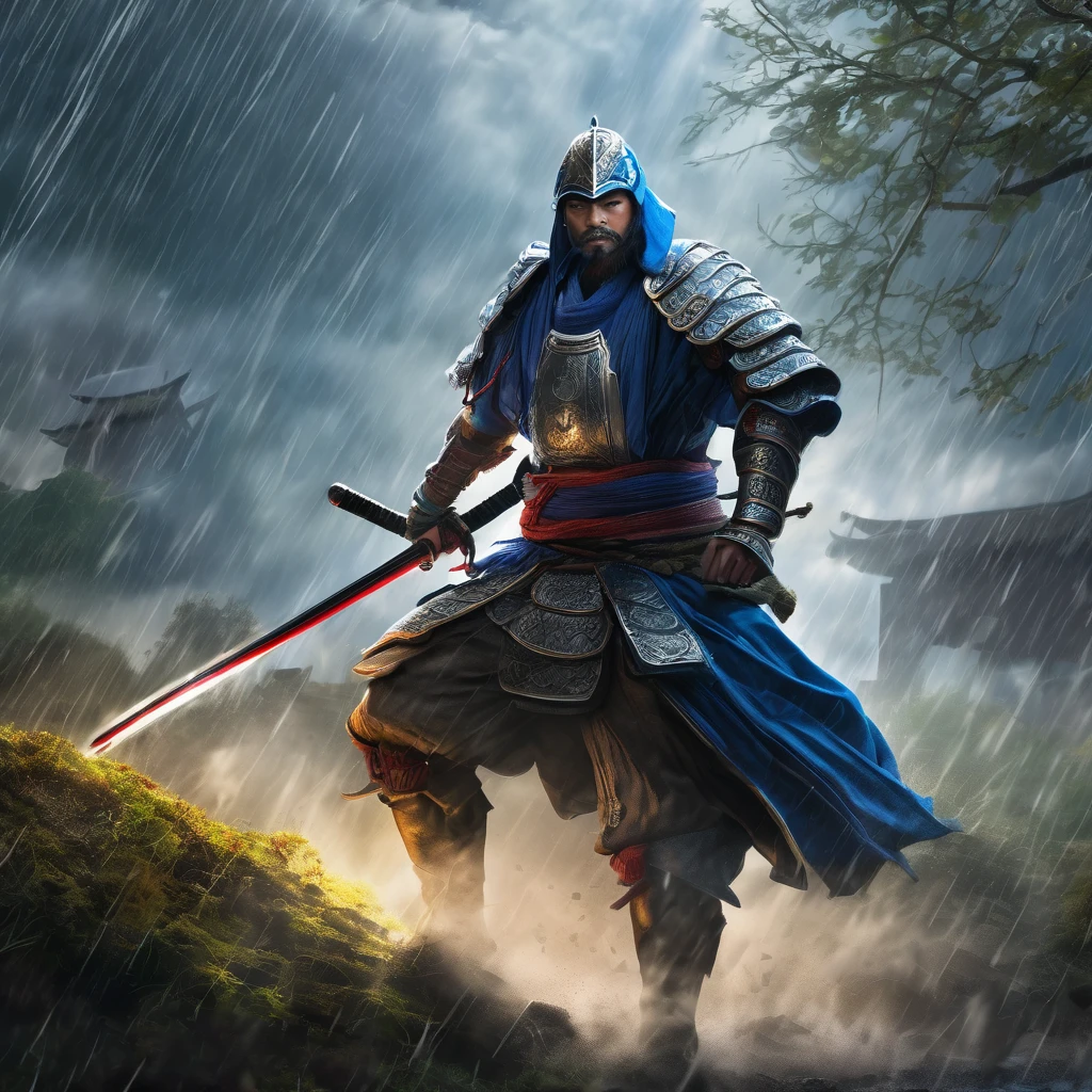(best quality,4k,8k,highres,masterpiece:1.2),ultra-detailed,(realistic,photorealistic,photo-realistic:1.37),HDR,UHD,studio lighting,ultra-fine painting,sharp focus,physically-based rendering,extreme detail description,professional,vivid colors,bokeh,warrior,samurai,dressed for battle,lightning charged blue sword,dreary,rainy battlefield,stormy,heavy rain,strong wind,battle scars,worn armor,shiny armor,reflective armor,slashing motion,heroic pose,fierce expression,agile movement,thunderbolts,falling raindrops,splashing water,muddy ground,shattered trees,battle smoke,streaks of lightning,murky sky,misty fog,emblem on armor,ancient katana,rain-soaked cloak,thunderous clash